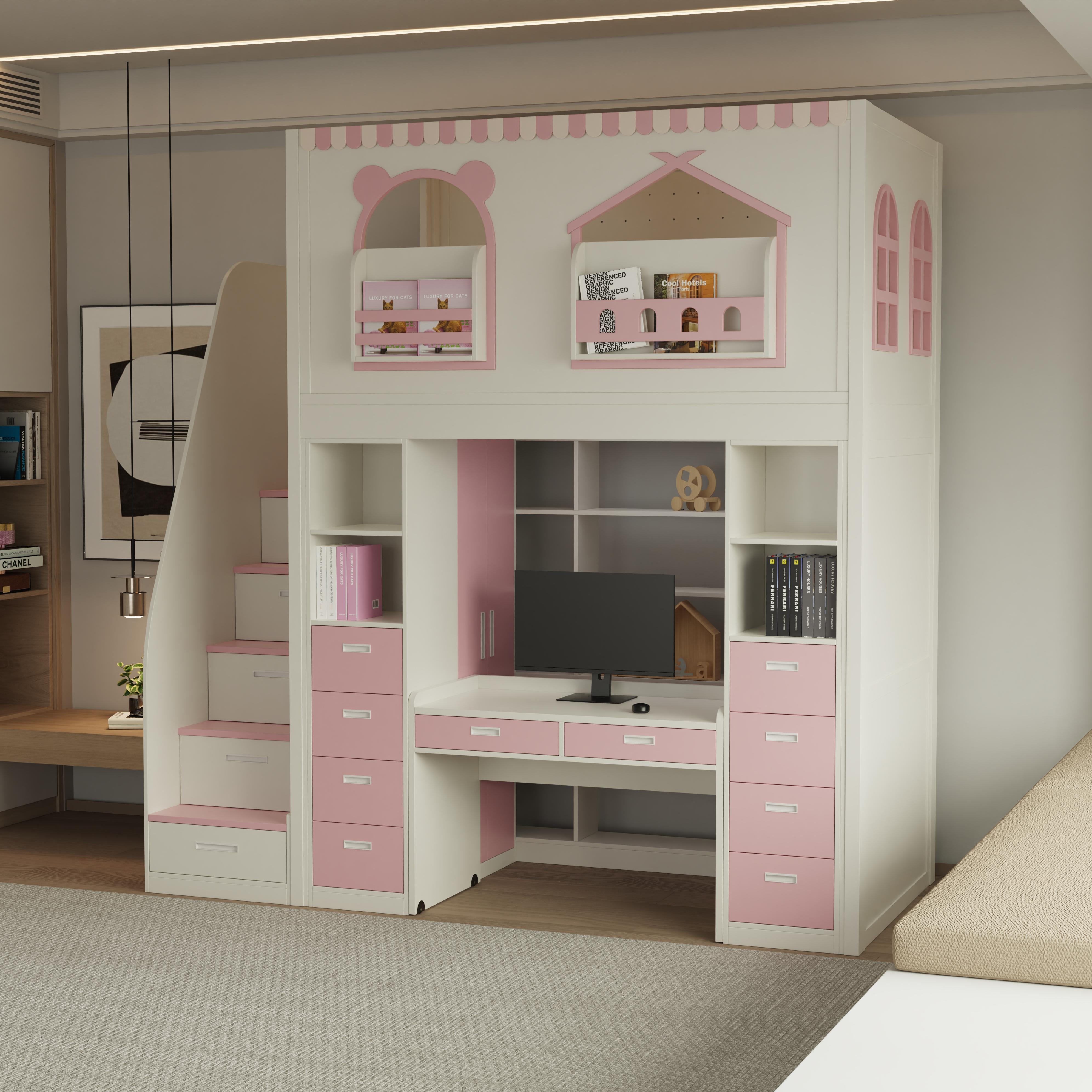 Fairytale Theme Kids Loft Bed: All-in-One with Stairs, Study Desk & Storage Cabinet