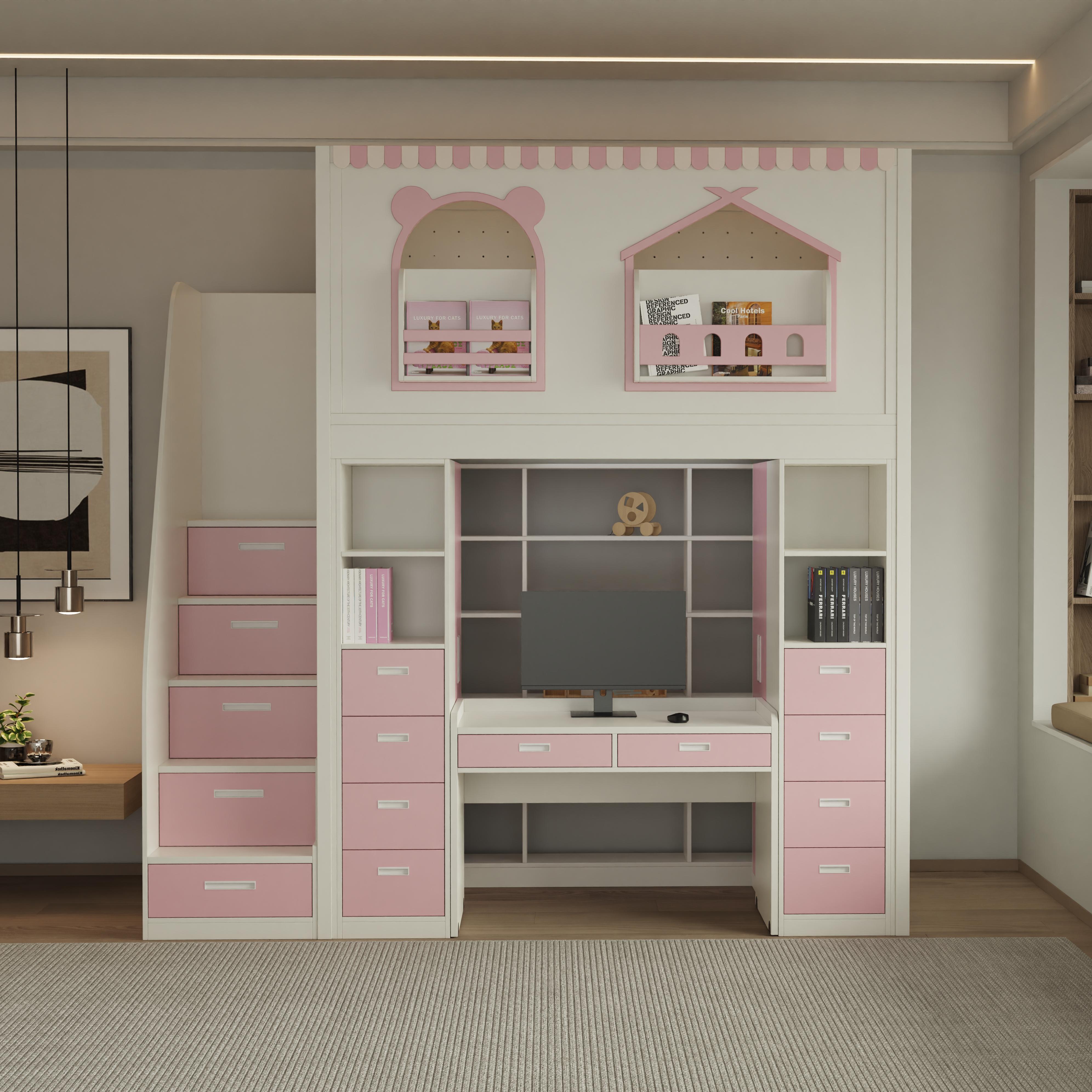 Fairytale Theme Kids Loft Bed: All-in-One with Stairs, Study Desk & Storage Cabinet