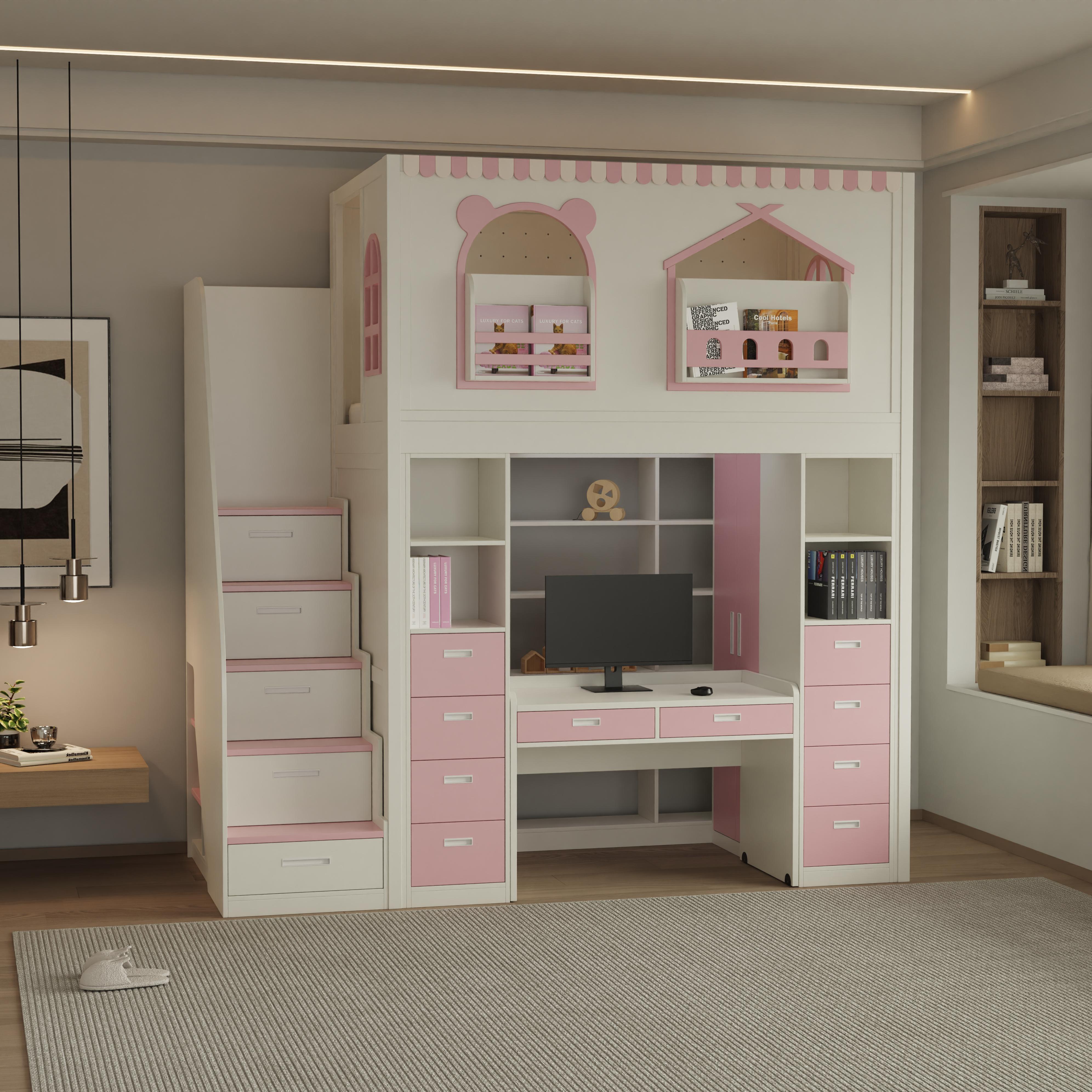 Fairytale Theme Kids Loft Bed: All-in-One with Stairs, Study Desk & Storage Cabinet