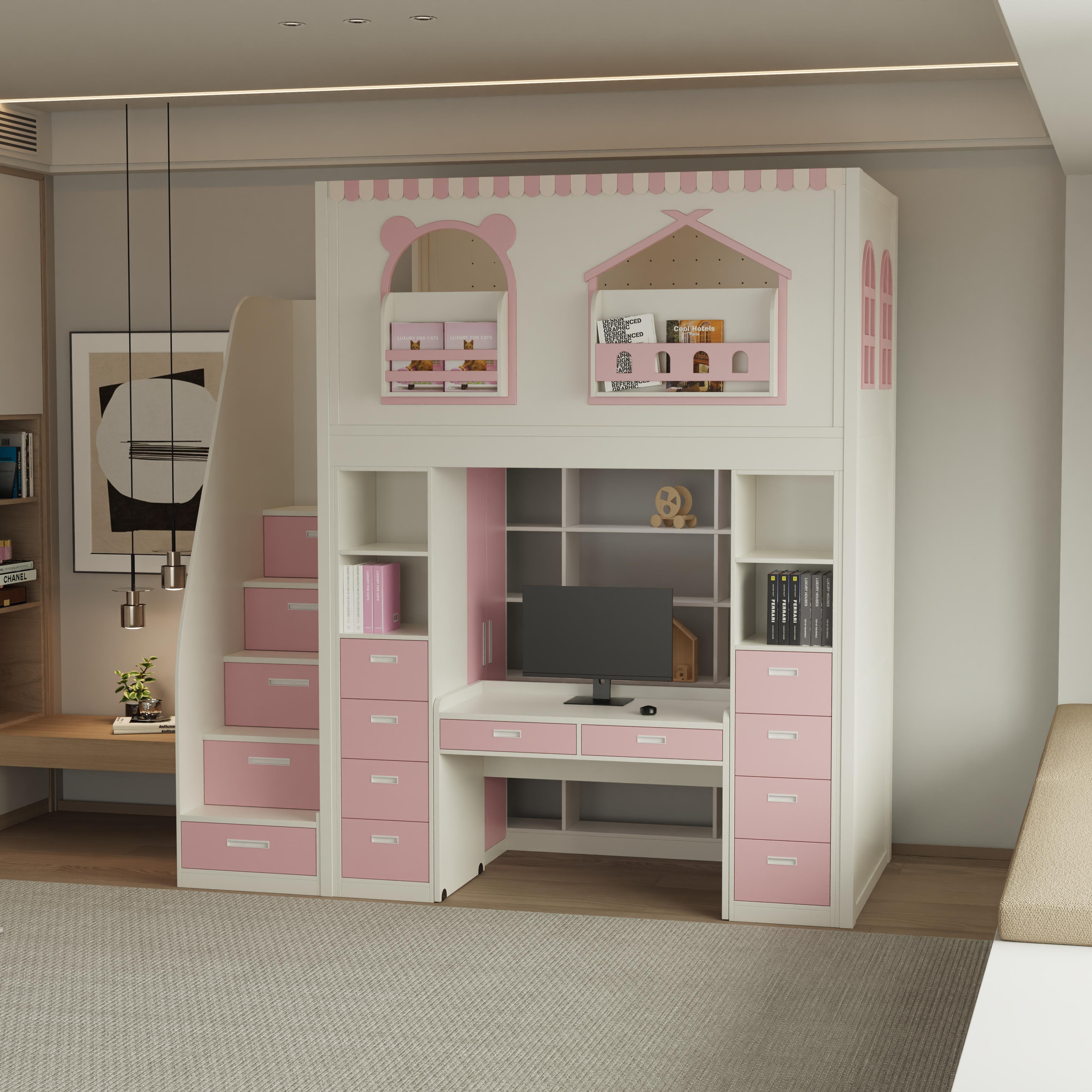 Fairytale Theme Kids Loft Bed: All-in-One with Stairs, Study Desk & Storage Cabinet