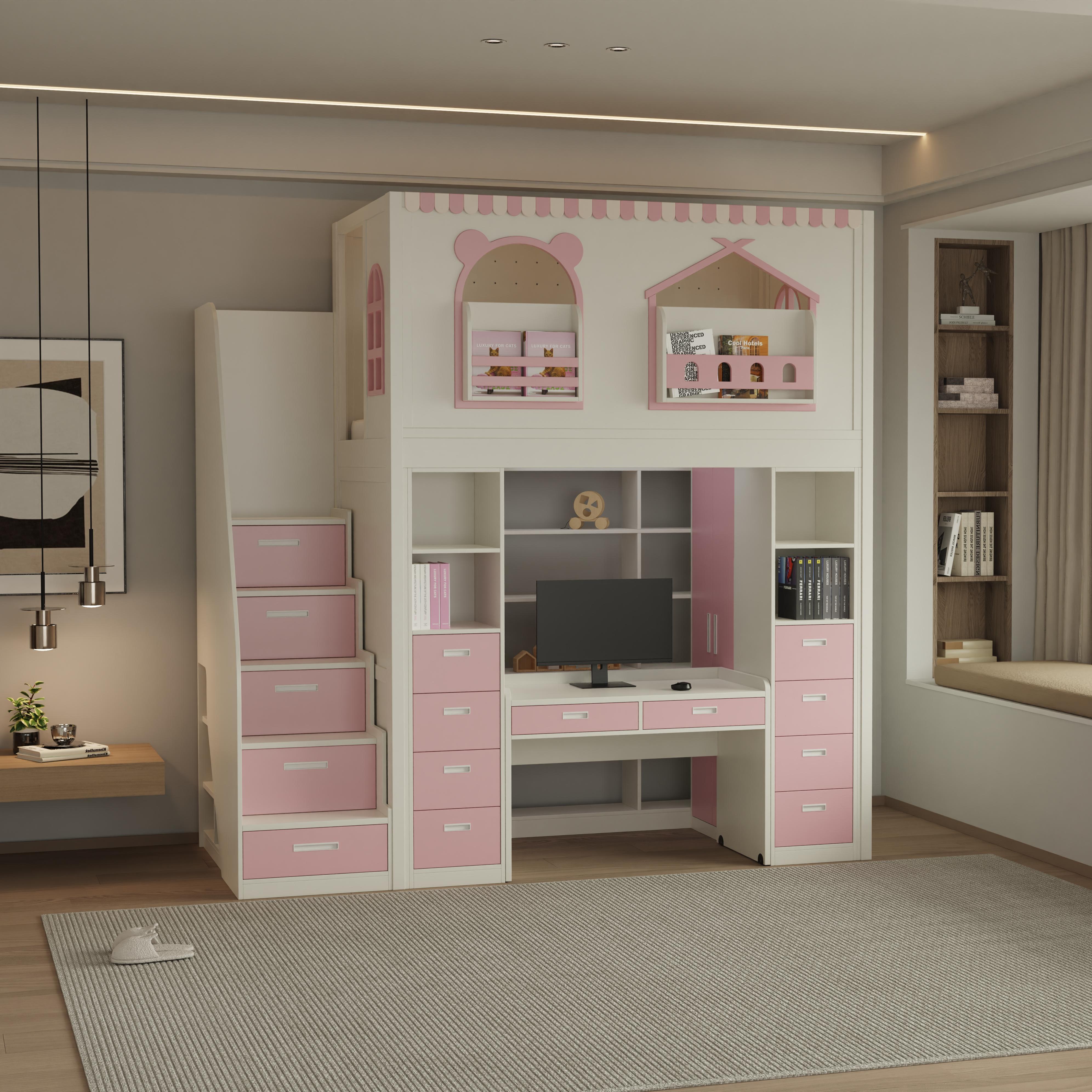 Fairytale Theme Kids Loft Bed: All-in-One with Stairs, Study Desk & Storage Cabinet