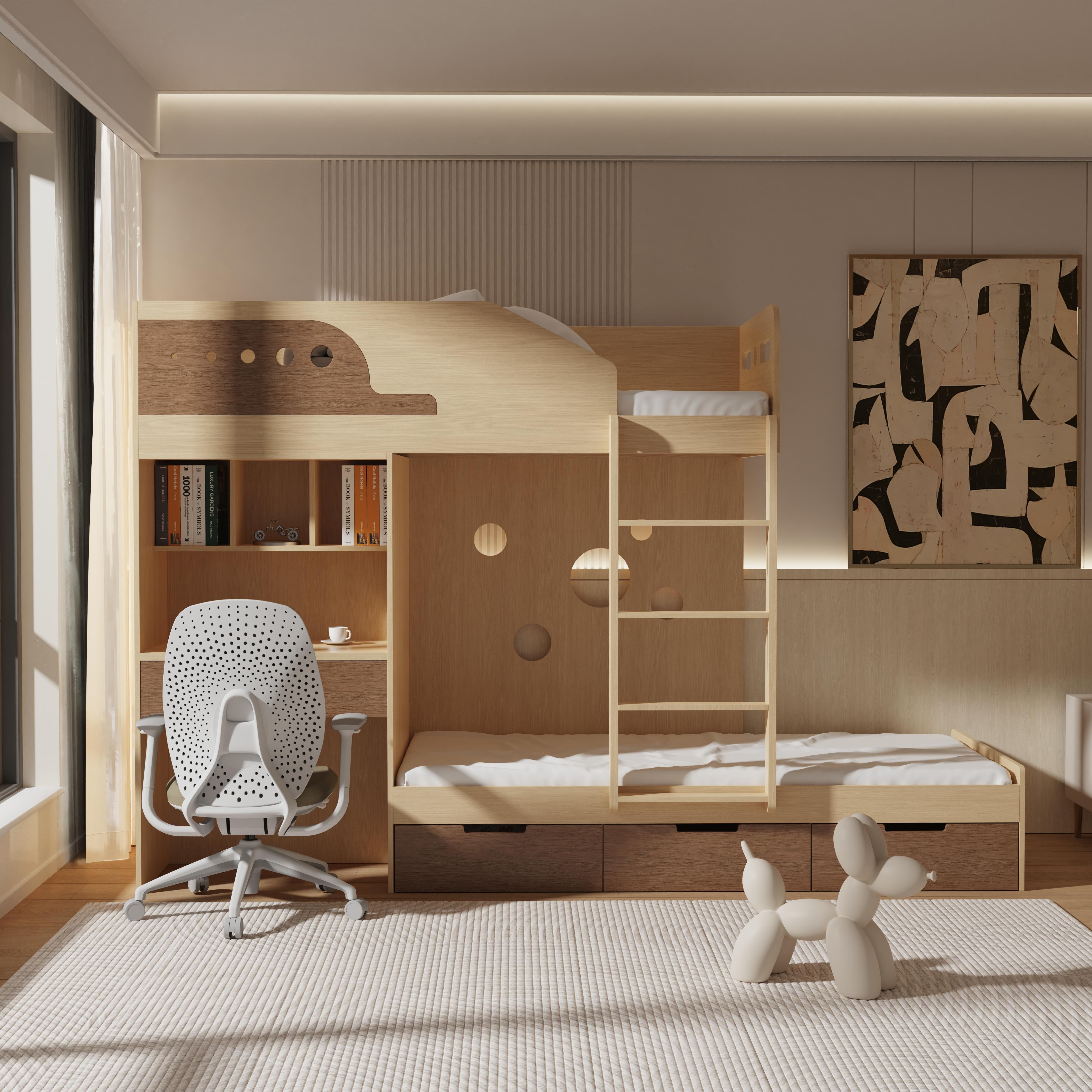 Kids Bunk Bed with Desk & Storage – Modern Wood Loft Design