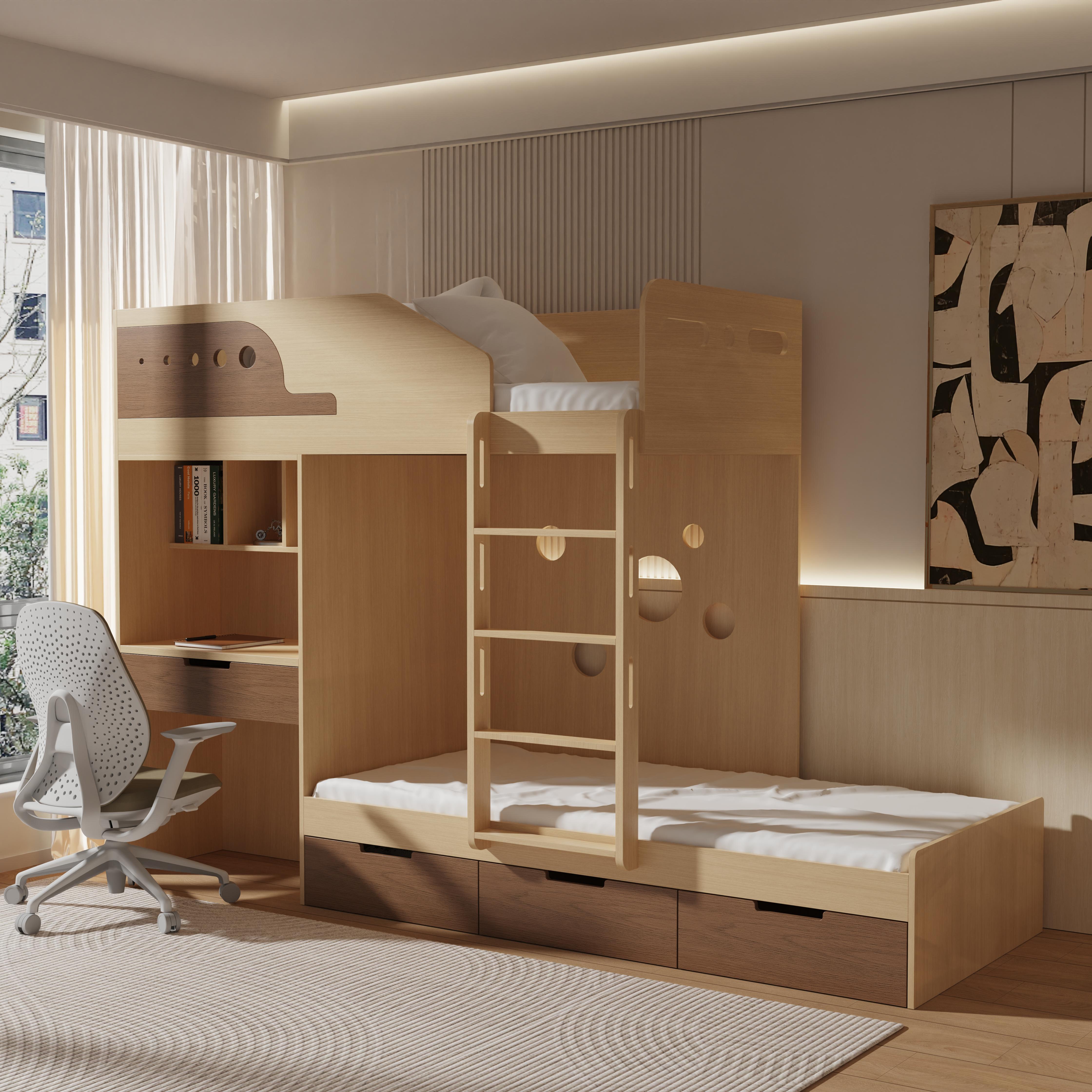 Kids Bunk Bed with Desk & Storage – Modern Wood Loft Design