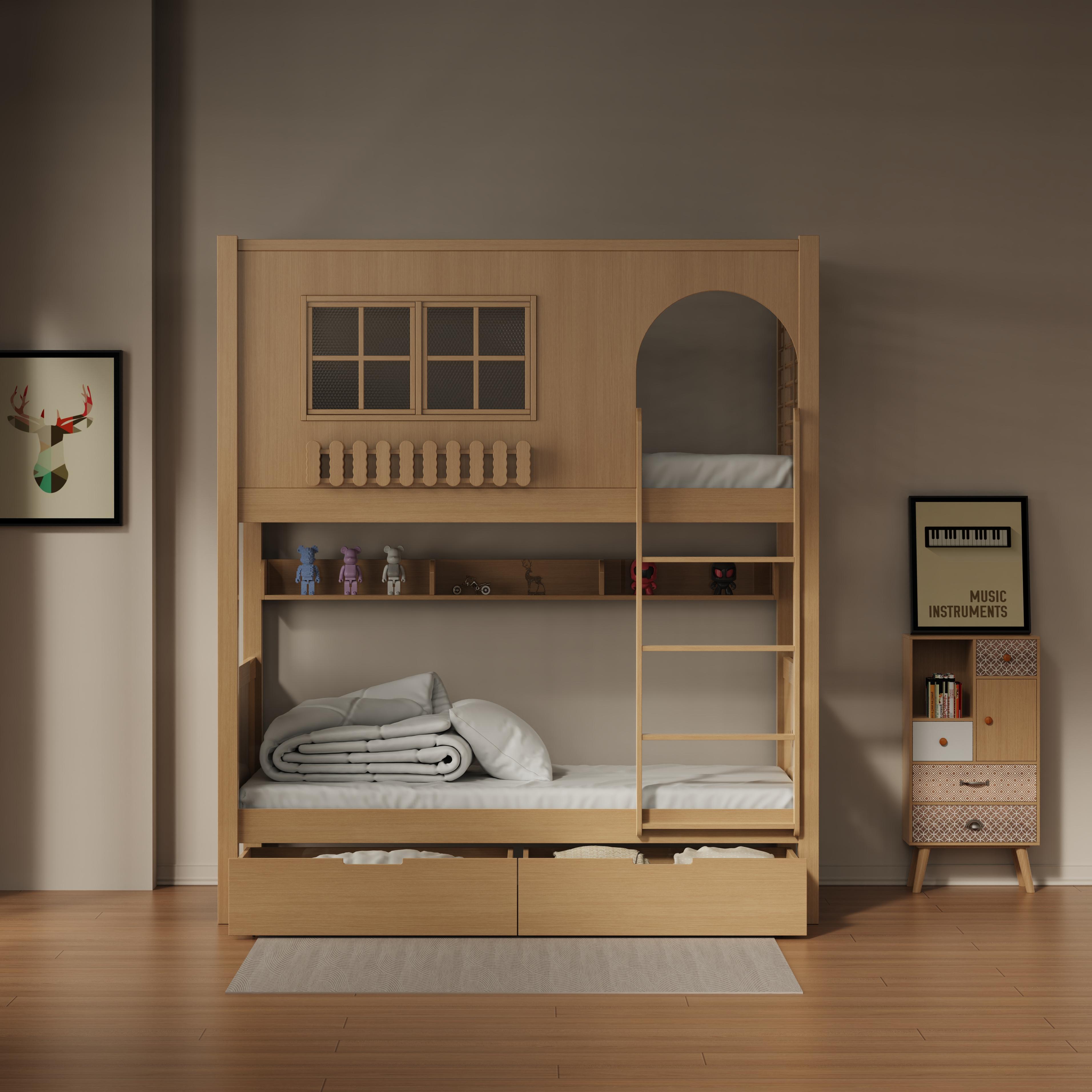 Kids Bunk Bed with Playful Design – Wooden Loft Bed w/ Drawers & Shelves