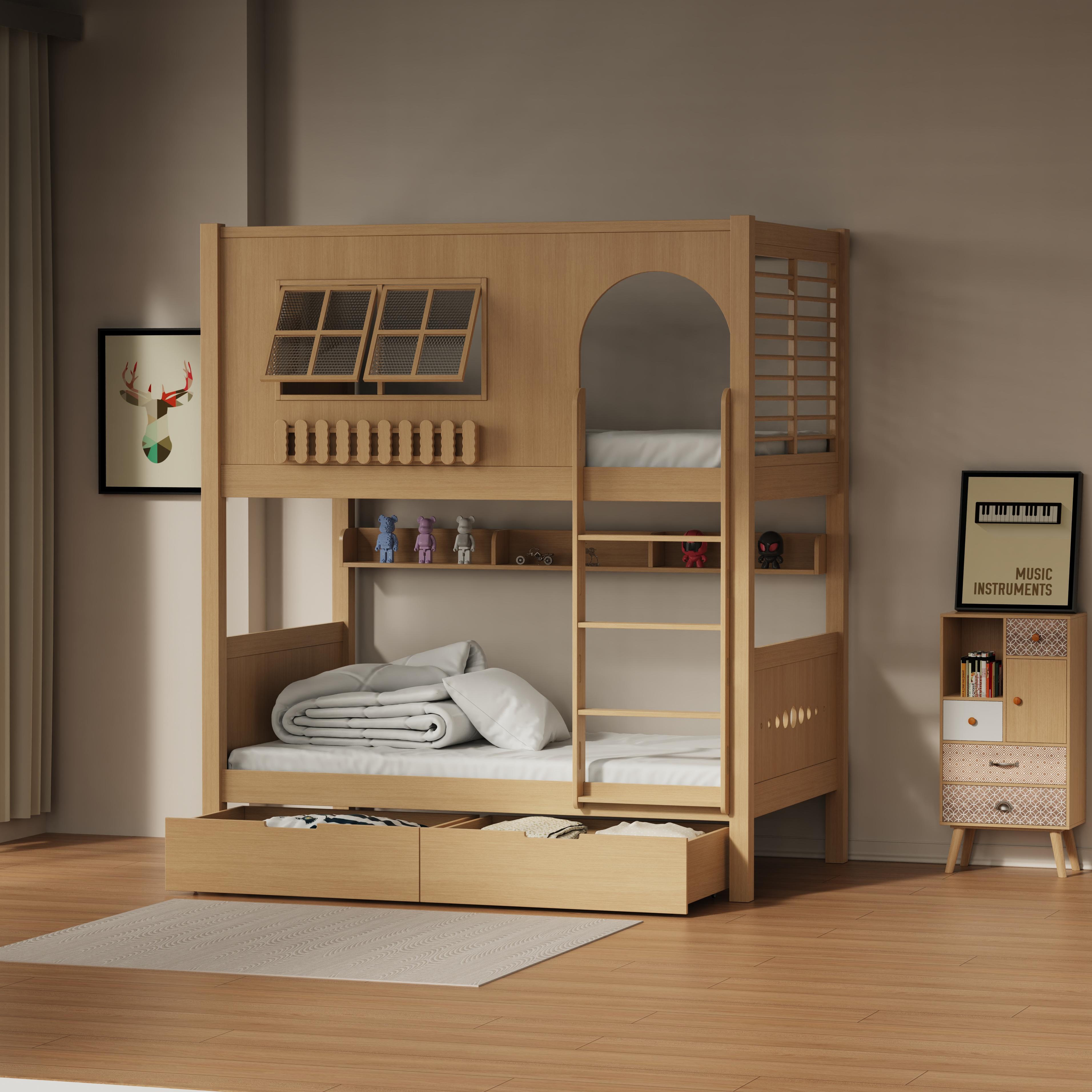 Kids Bunk Bed with Playful Design – Wooden Loft Bed w/ Drawers & Shelves