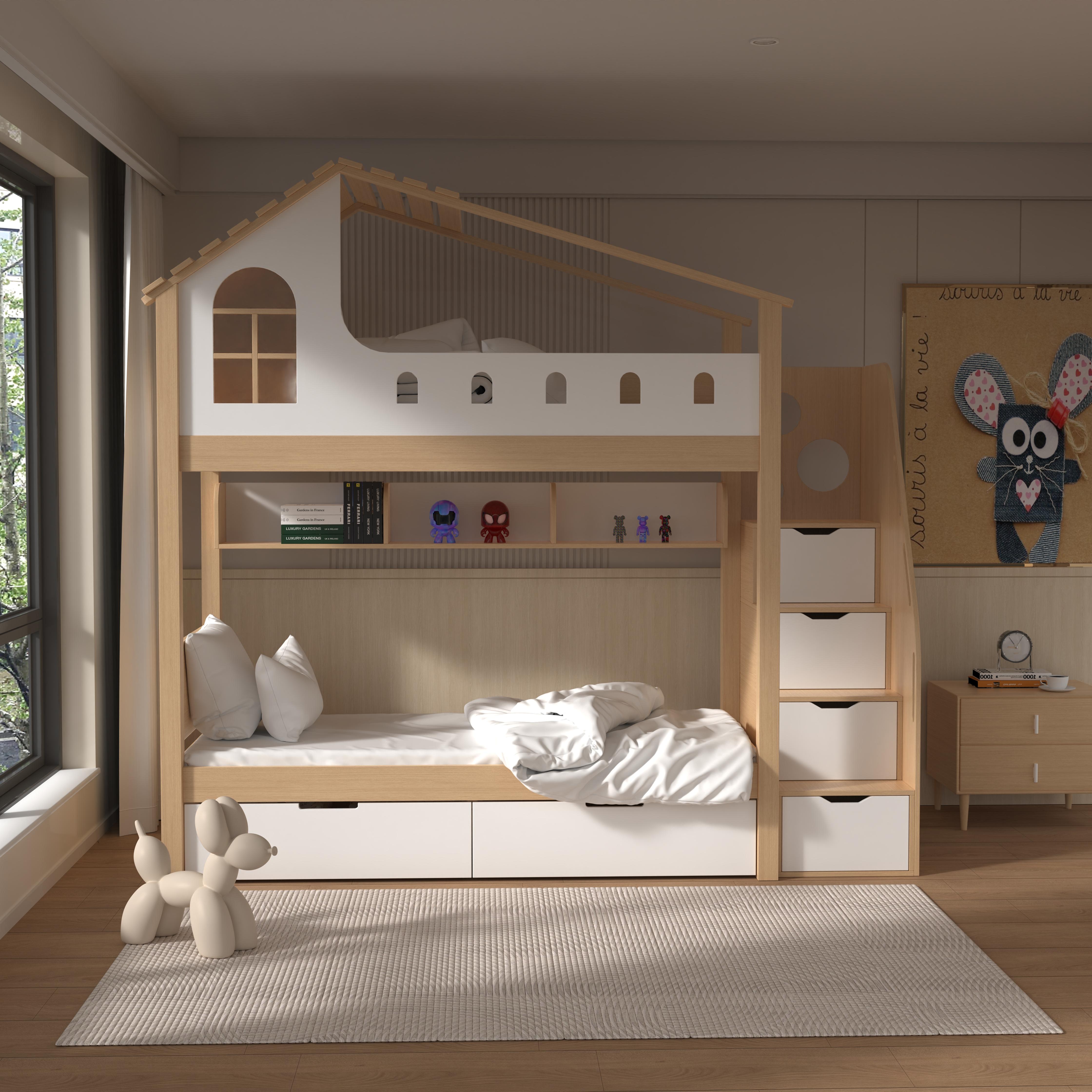 Kids House Bunk Bed with Storage & Desk – Modern Wood Design