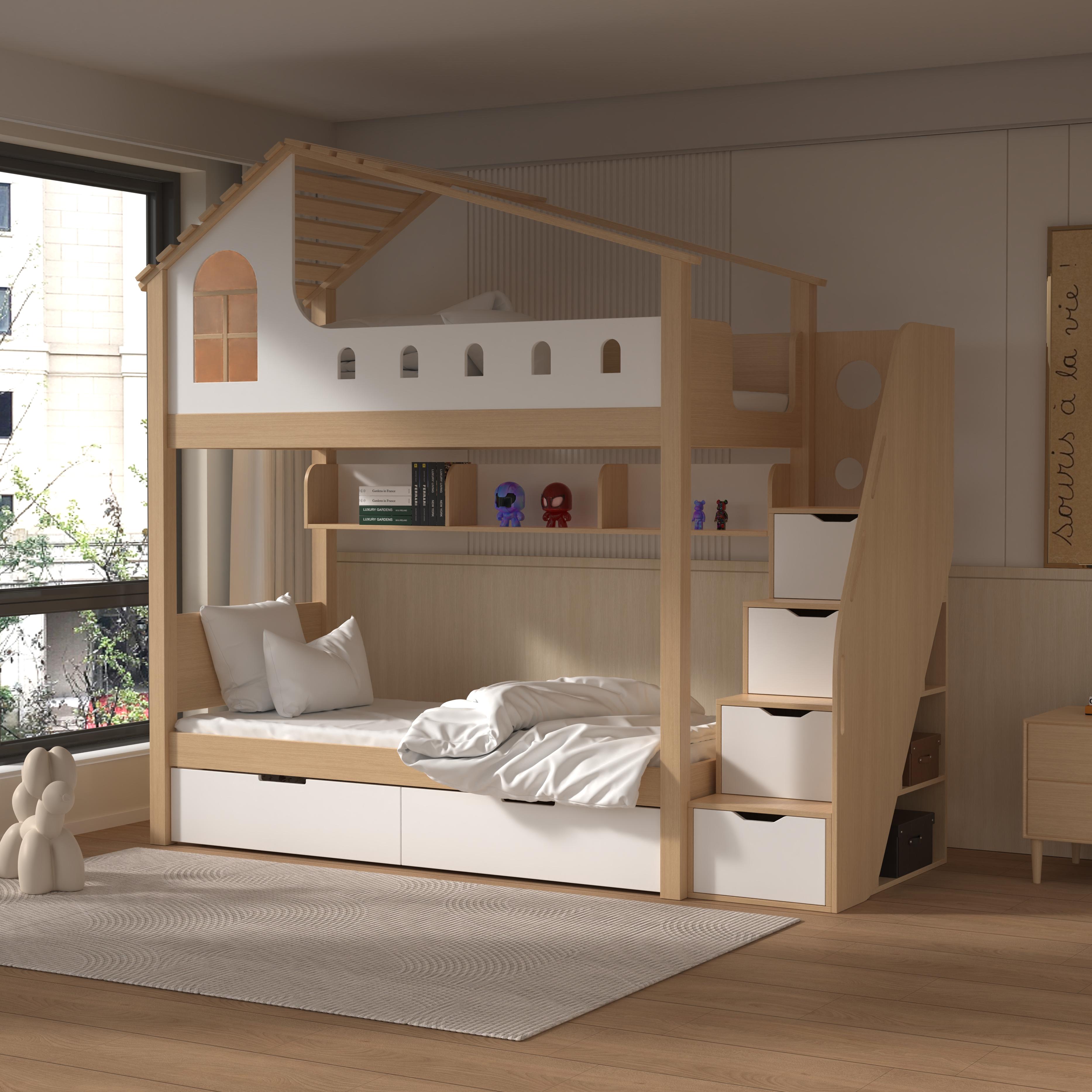 Kids House Bunk Bed with Storage & Desk – Modern Wood Design