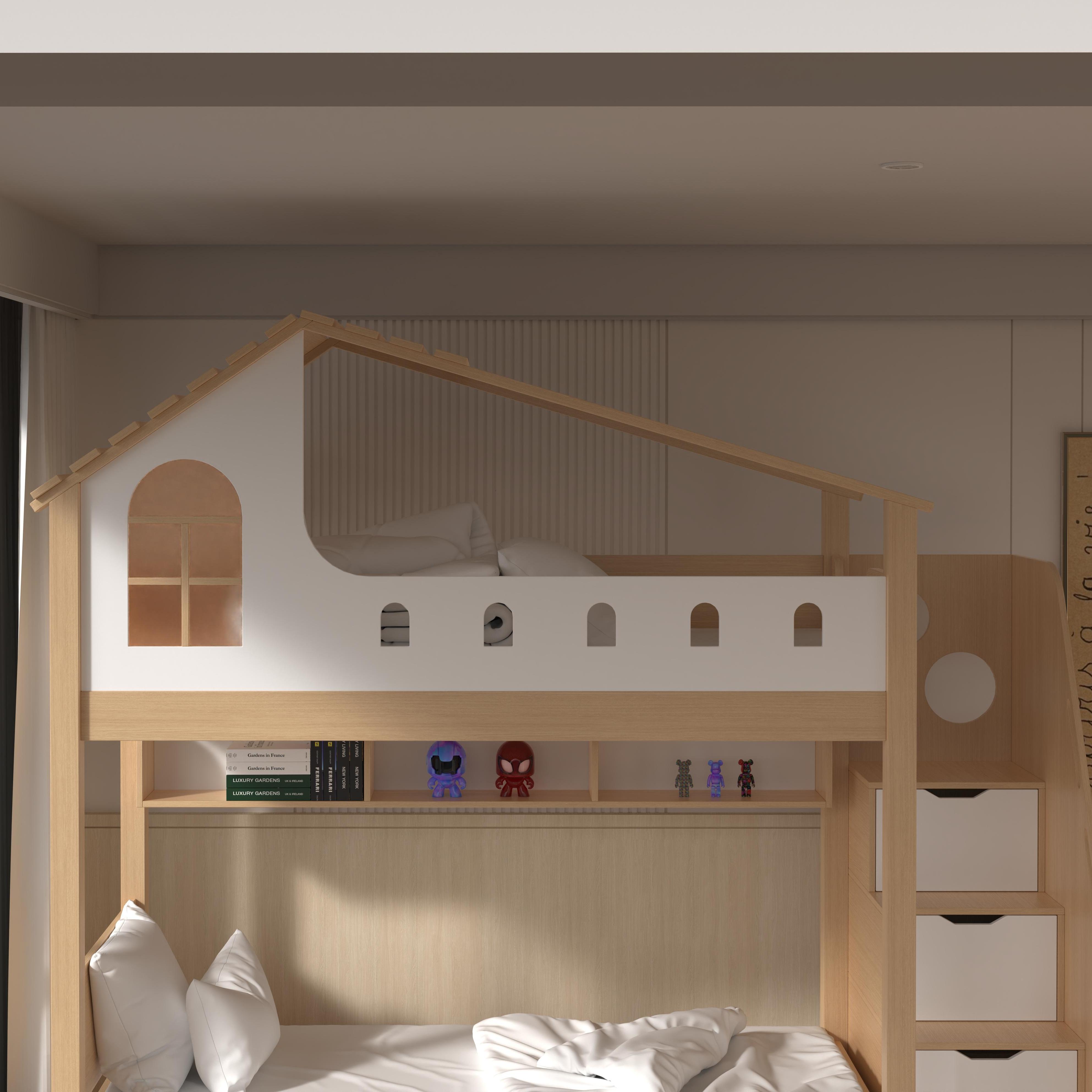 Kids House Bunk Bed with Storage & Desk – Modern Wood Design