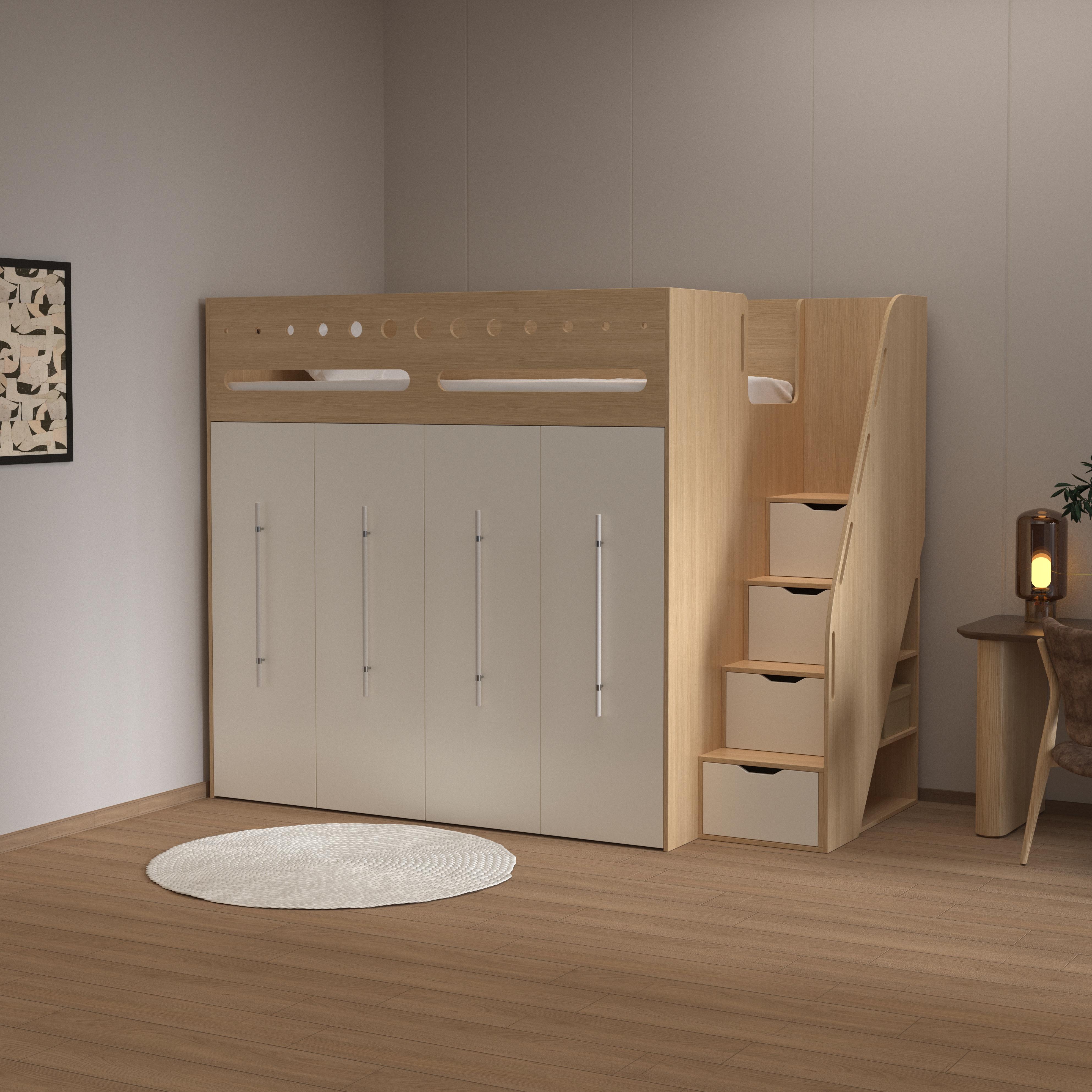 Kids Loft Bed with Wardrobe & Slide - Modern Wood Design