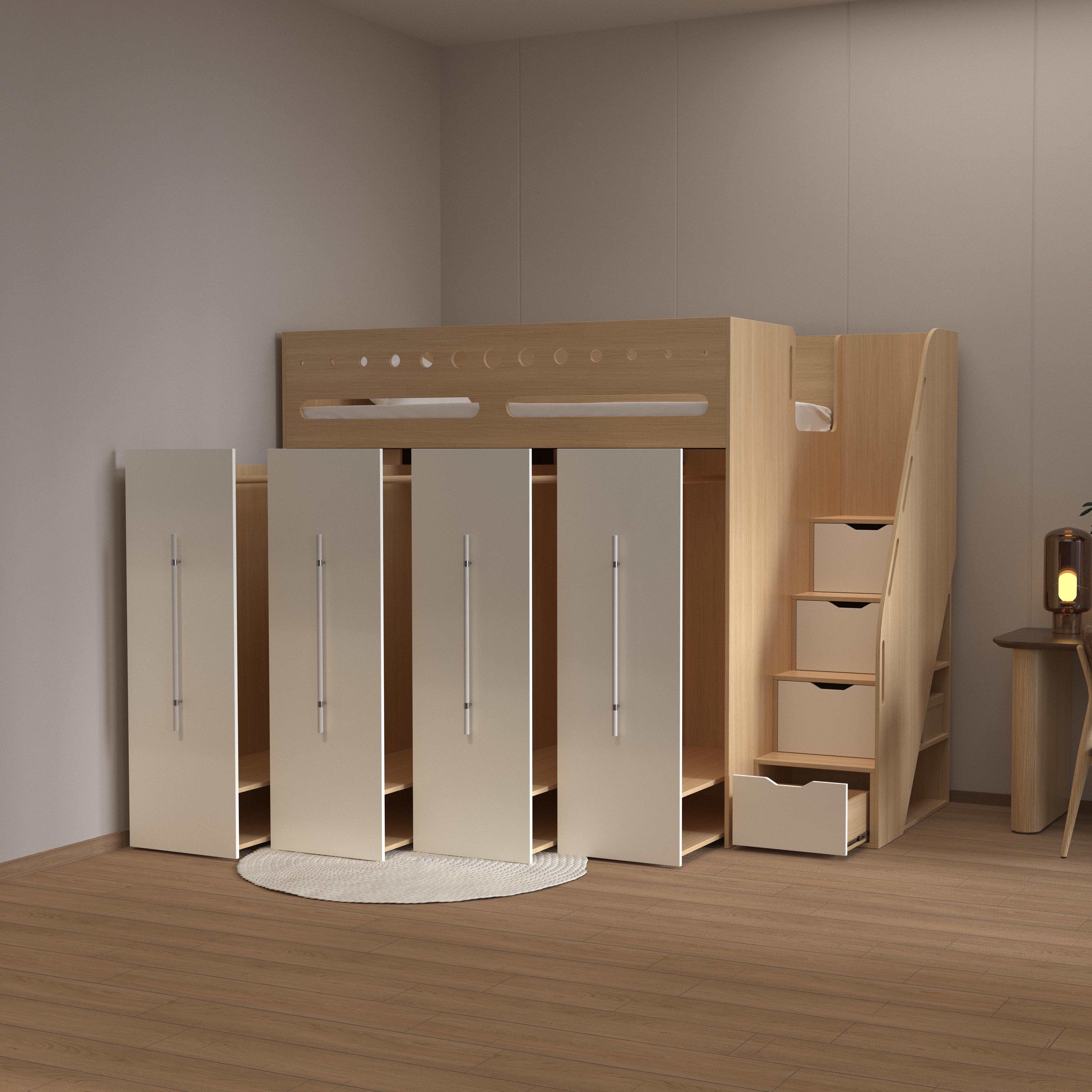 Kids Loft Bed with Wardrobe & Slide - Modern Wood Design