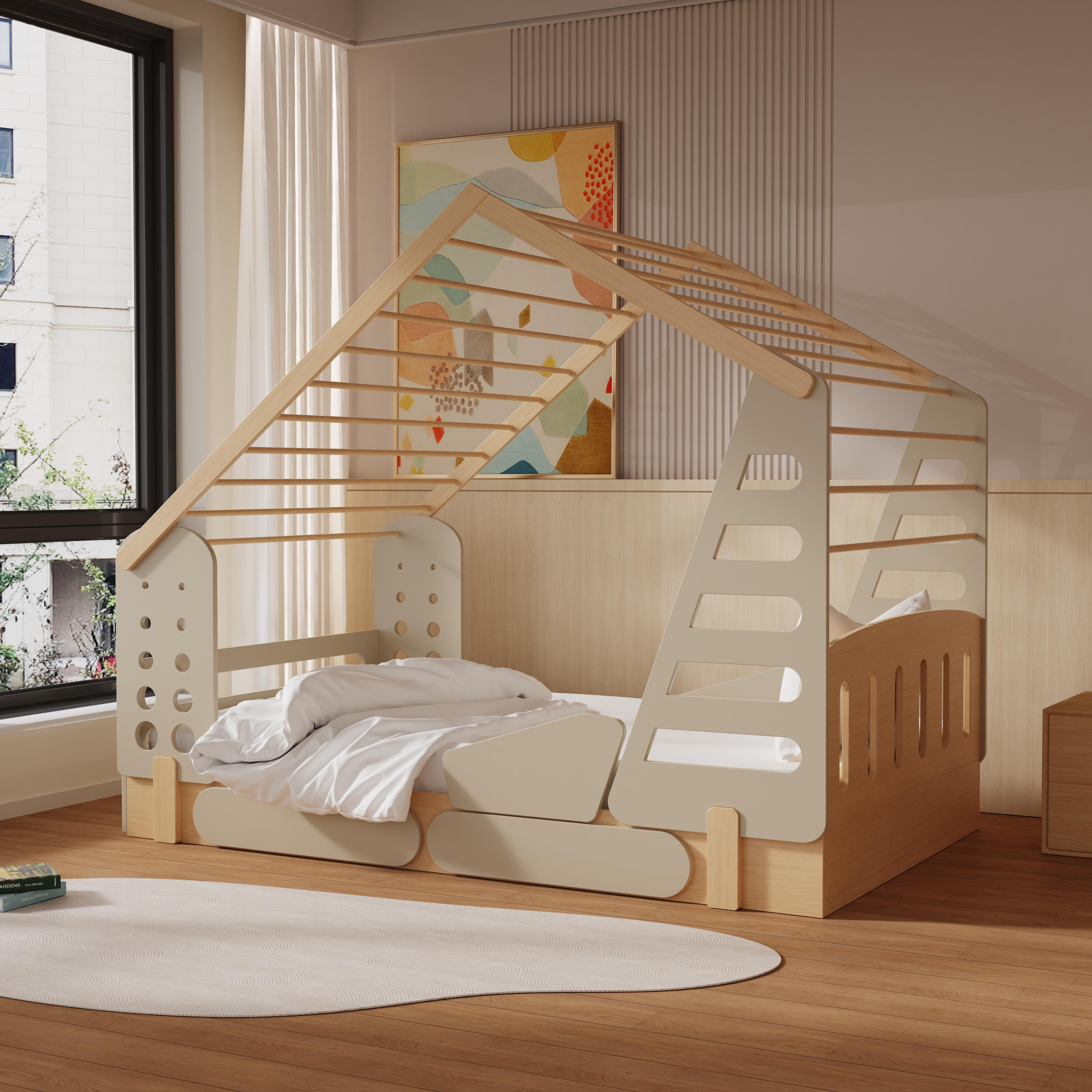 Wooden Kids House Bed | Imaginative Play Bed with Guardrails