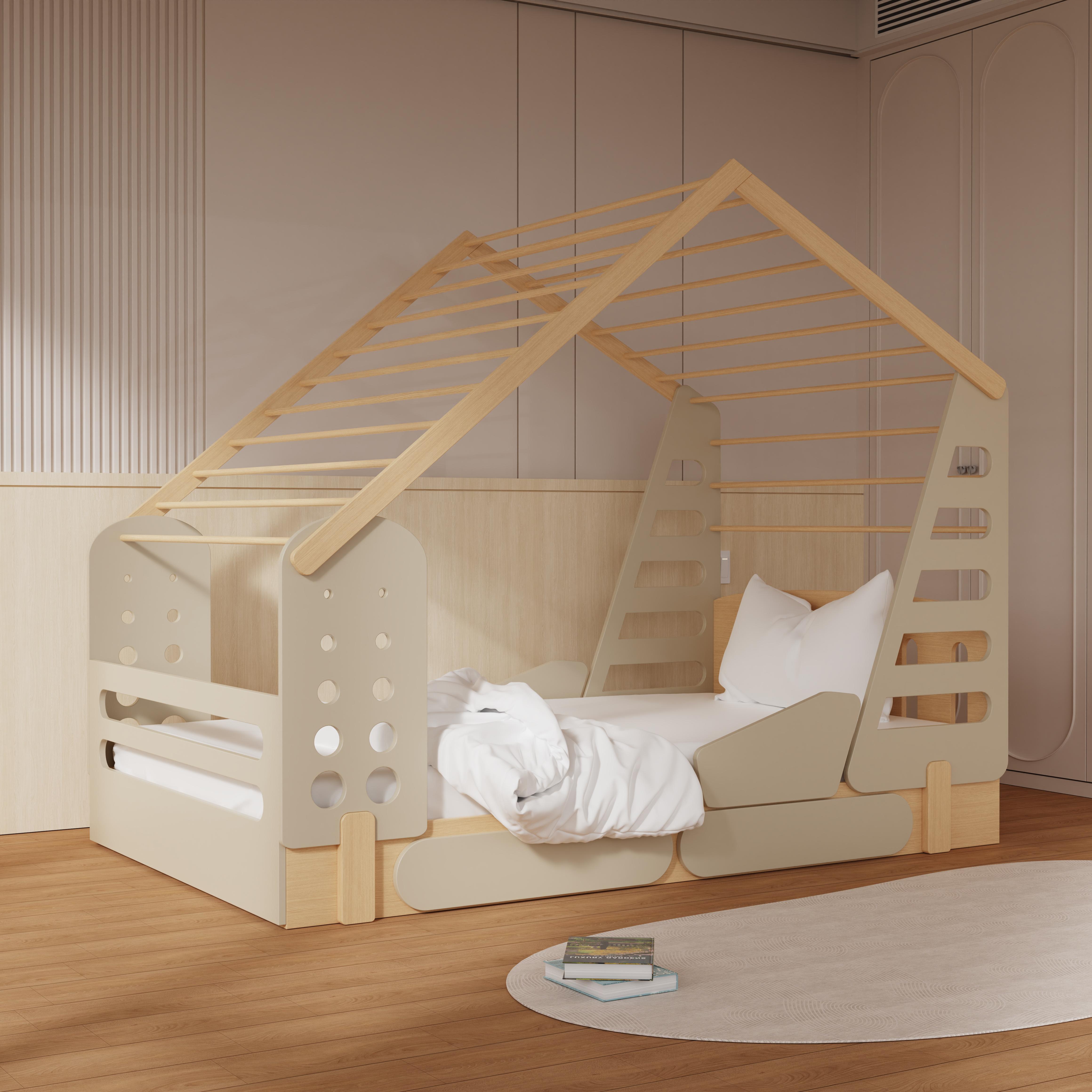 Wooden Kids House Bed | Imaginative Play Bed with Guardrails