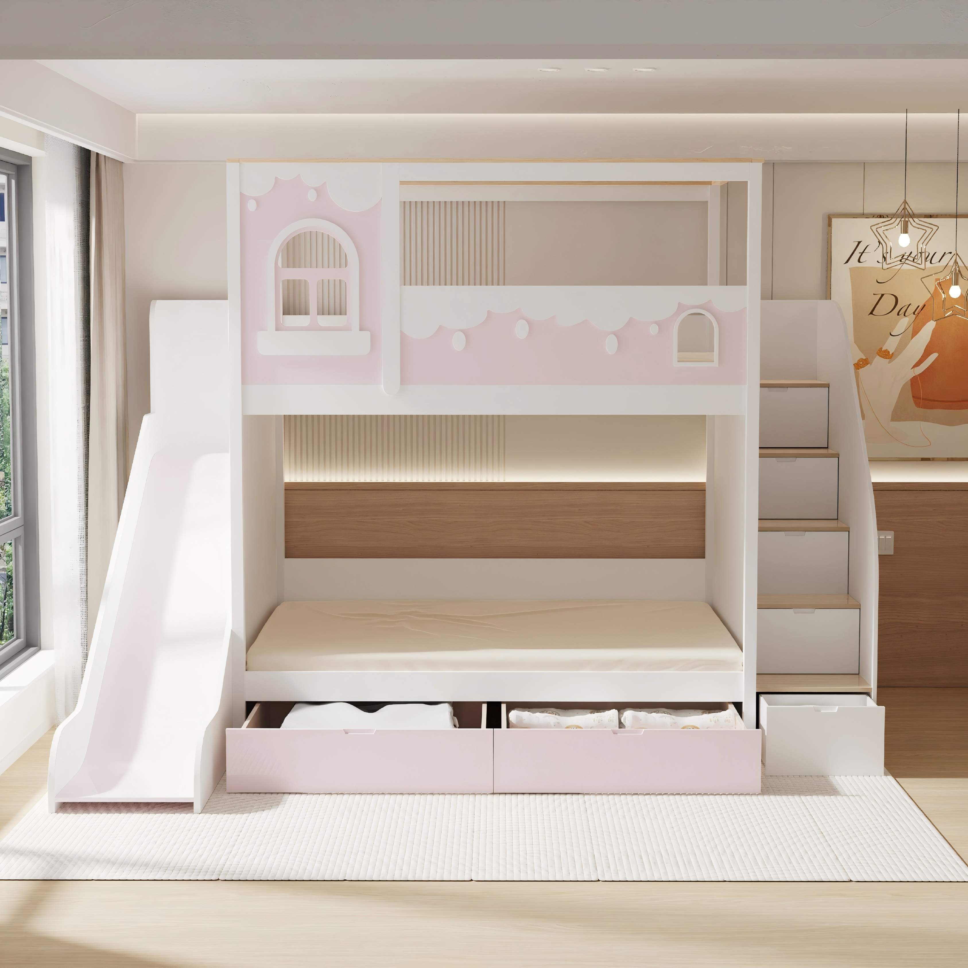 Princess Bunk Bed with Slide & Storage | Pink Toddler Bunk Bed