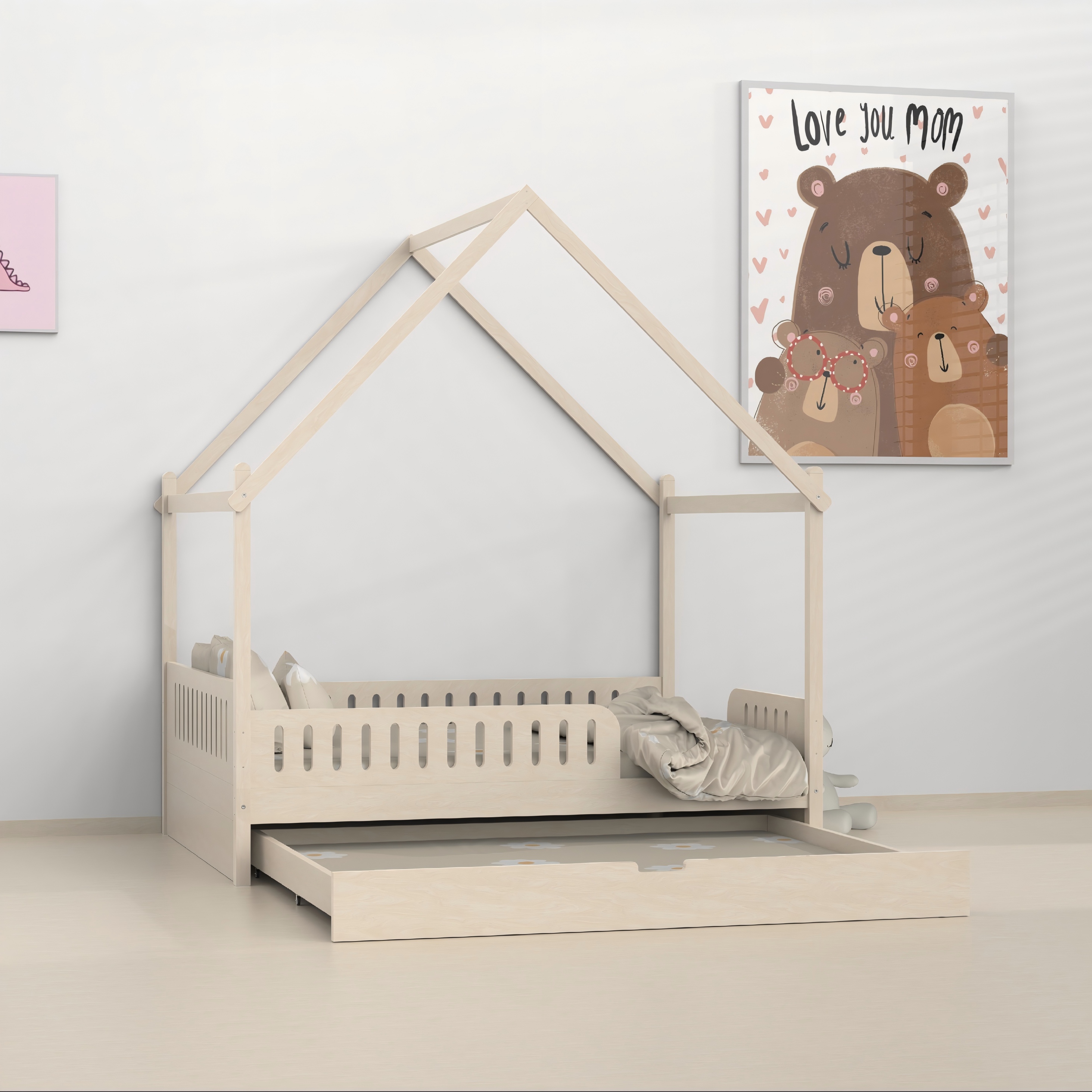 House Bed with Trundle | Safe Montessori Kids Bed for Shared Rooms