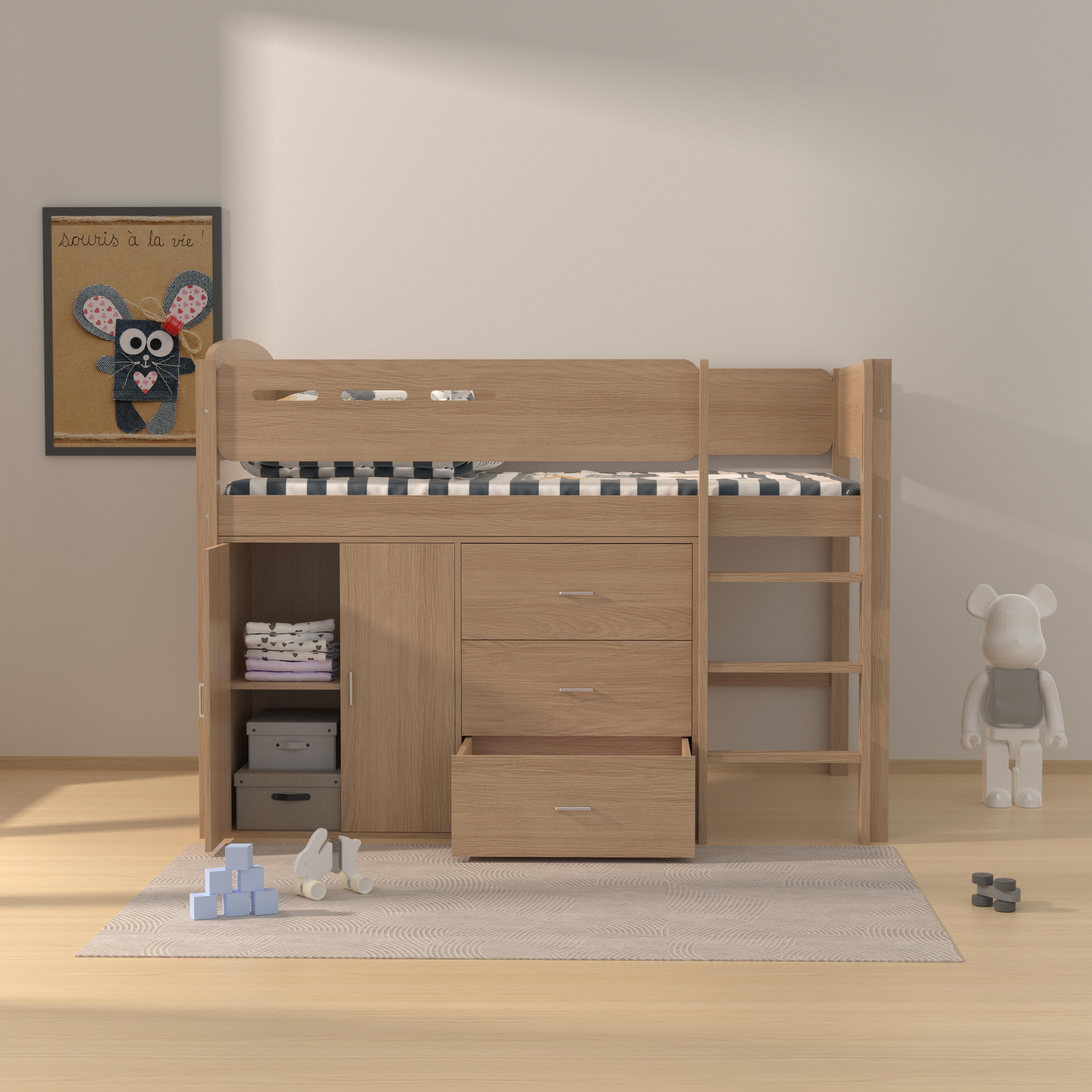 Mid Sleeper Bed with Storage | Kids Loft Bed with Cabinet & Drawers