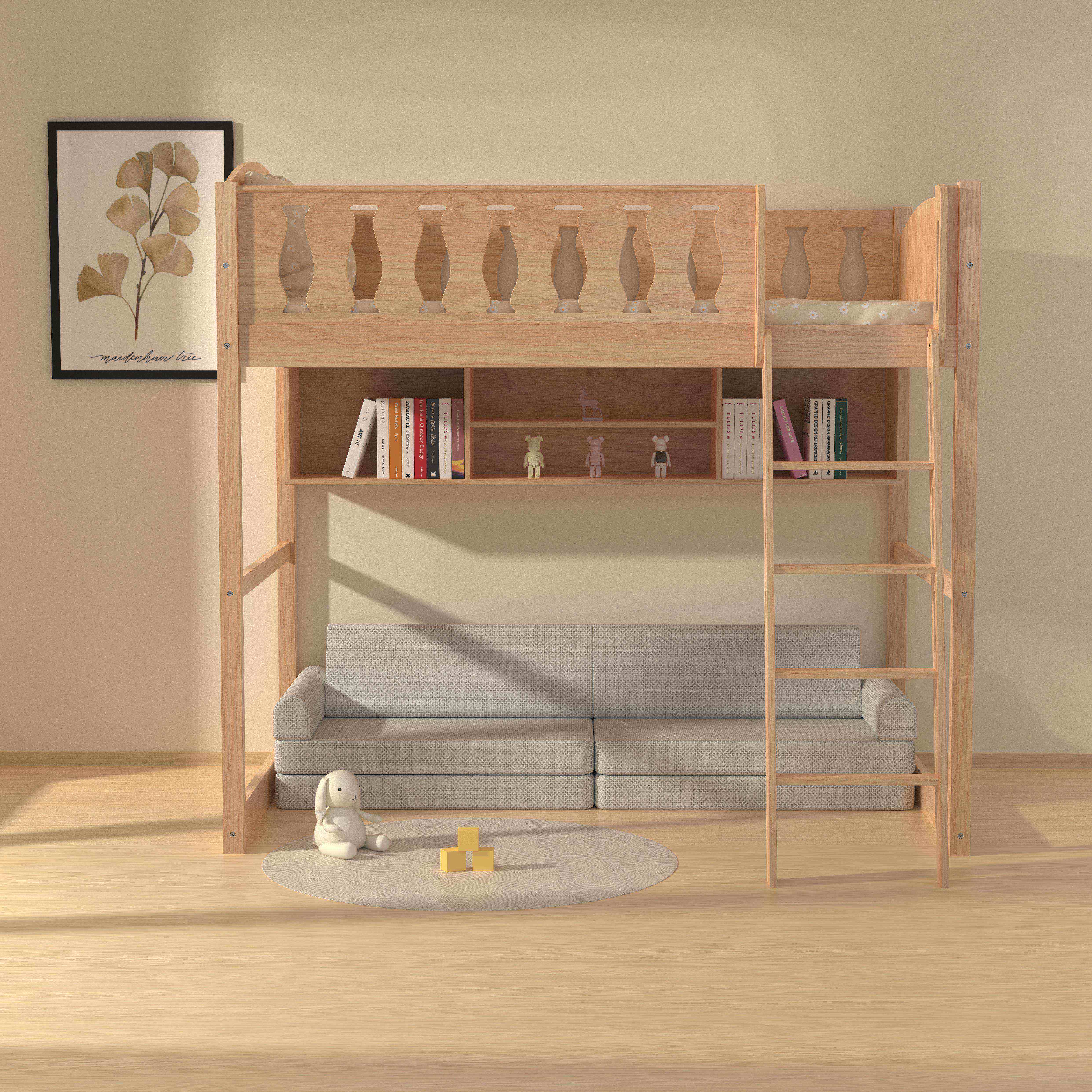 High Loft Bed with Sofa & Shelves | Multi-Functional Kids Bed