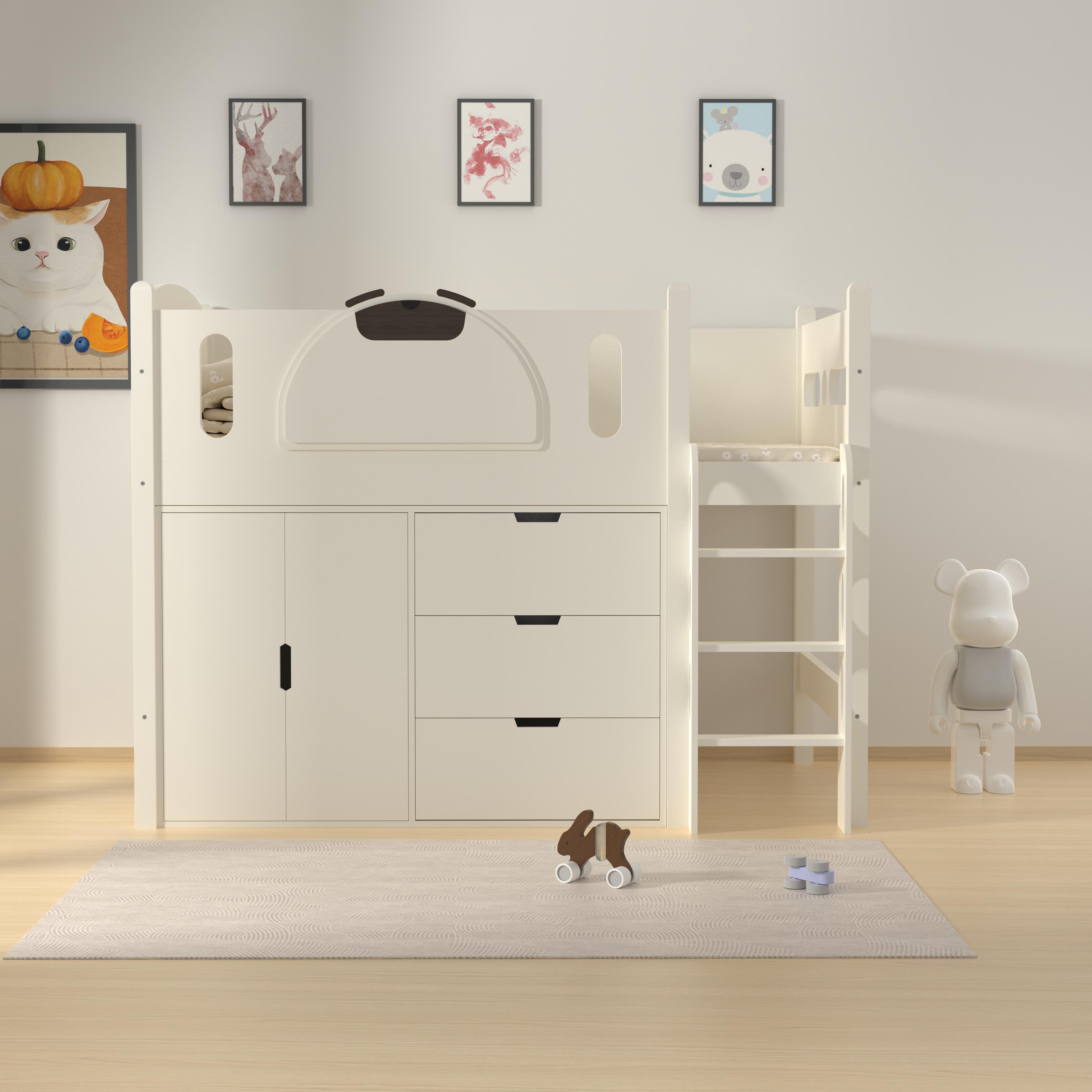 White Loft Bed with Storage | Kids Cabin Bed with Wardrobe & Drawers