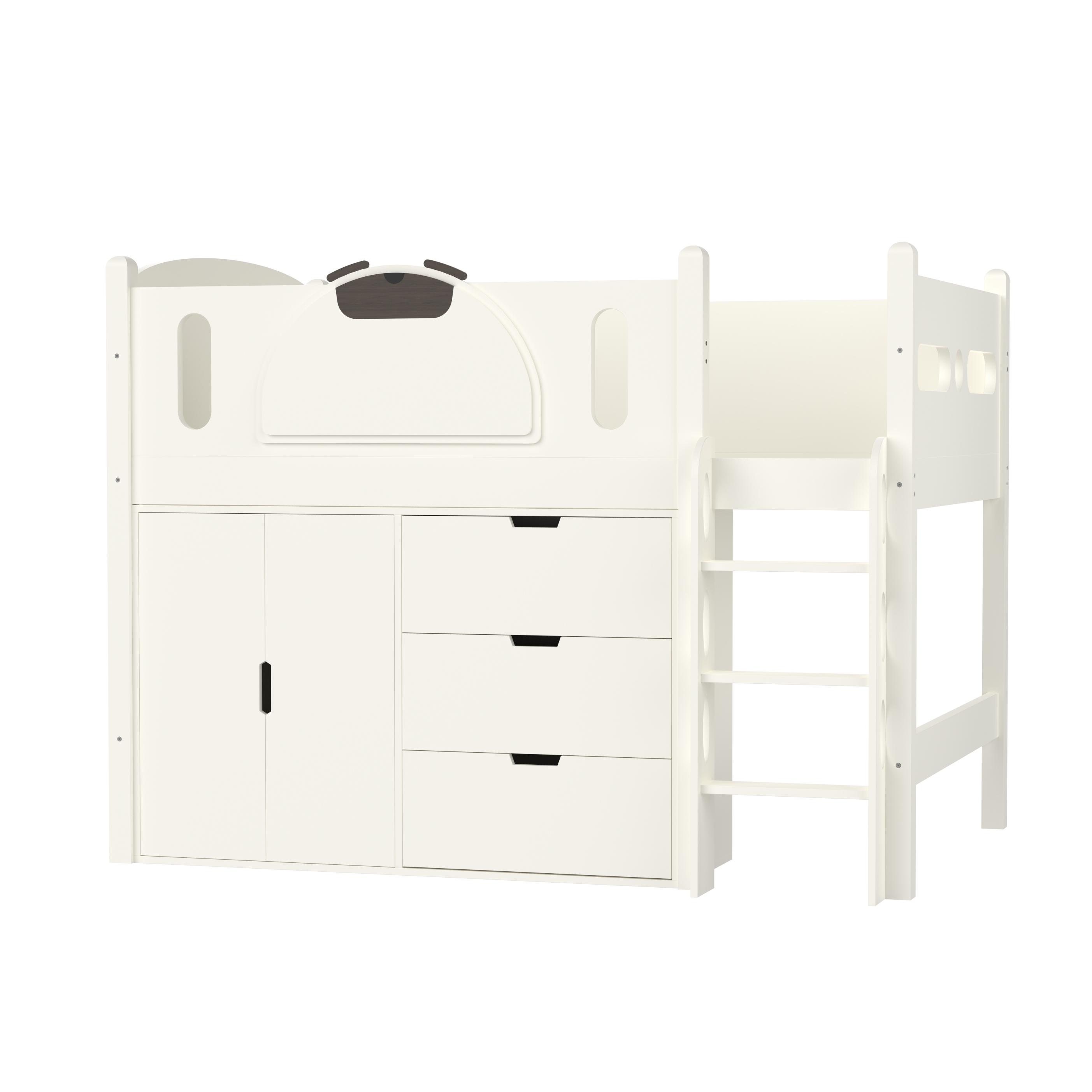 White Loft Bed with Storage | Kids Cabin Bed with Wardrobe & Drawers