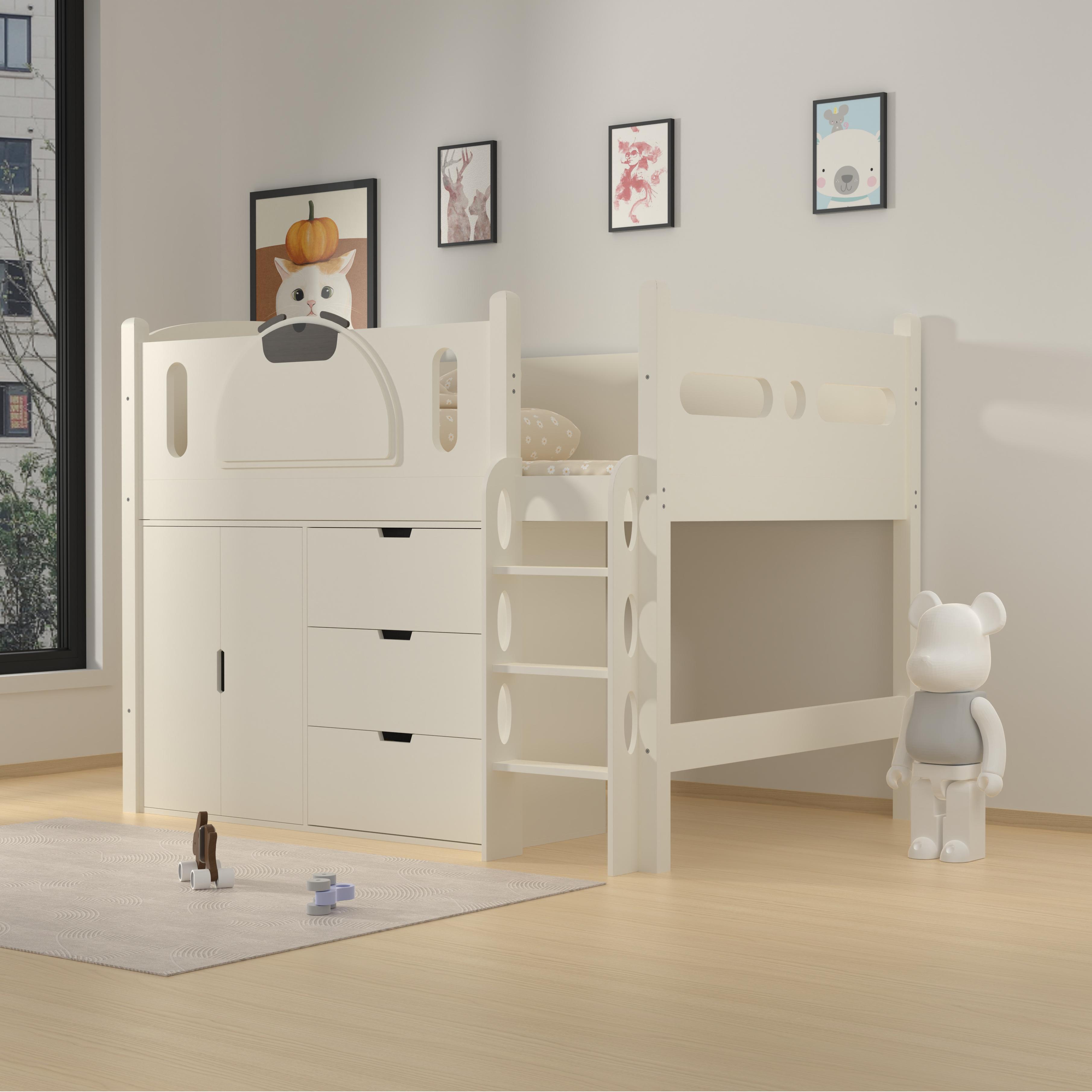 White Loft Bed with Storage | Kids Cabin Bed with Wardrobe & Drawers