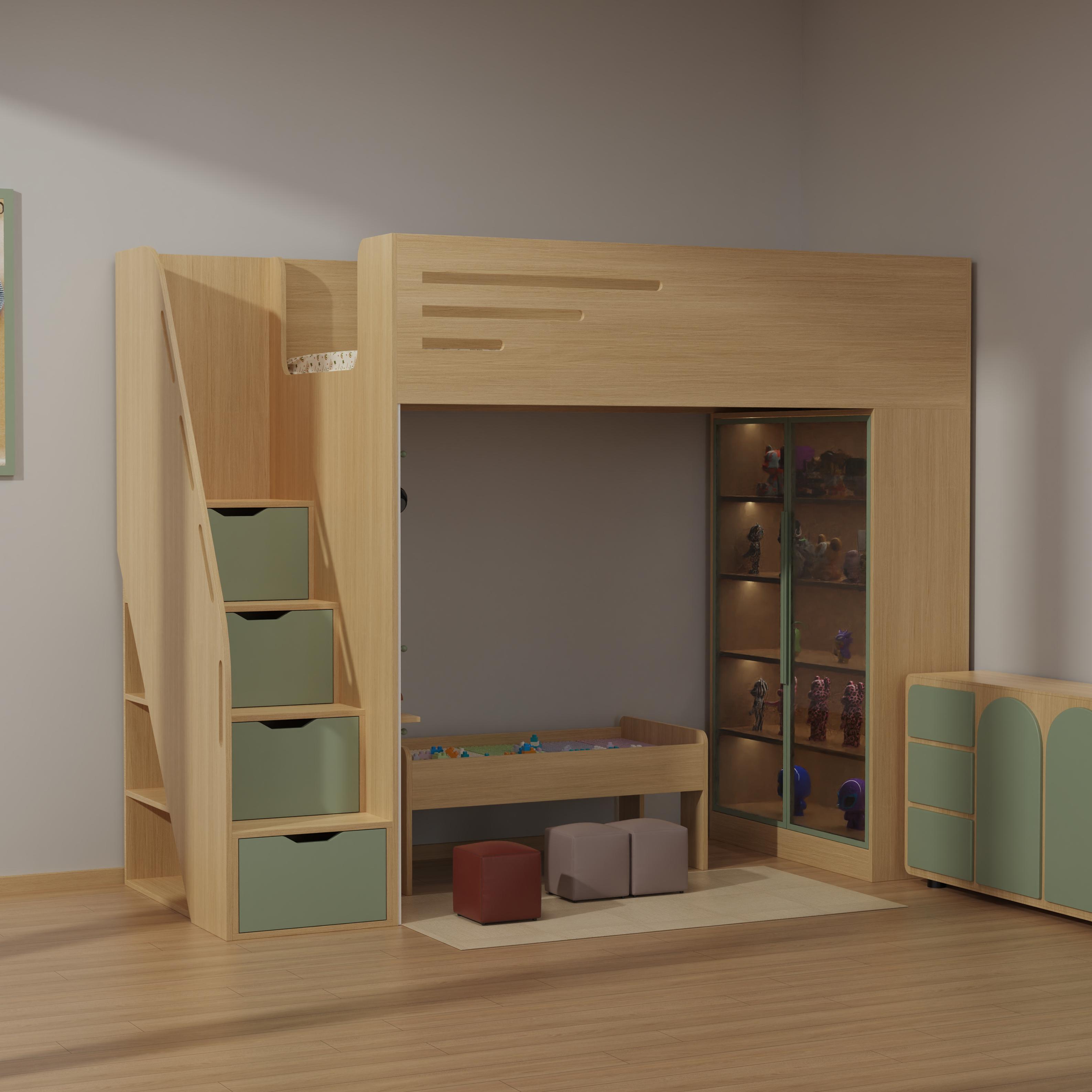 Loft Bed with Play Area & Display Cabinet | All-In-One Kids Bed
