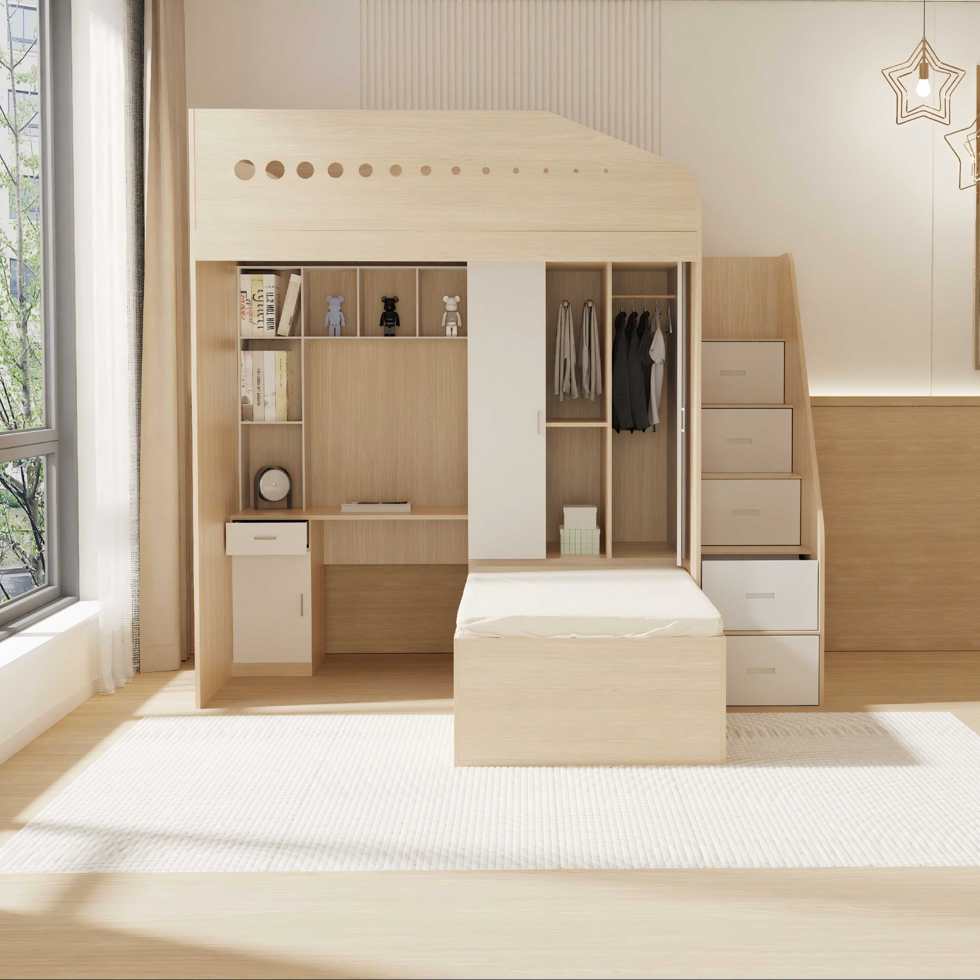 All-in-One Kids Bunk Bed with Desk Wardrobe & Storage Step