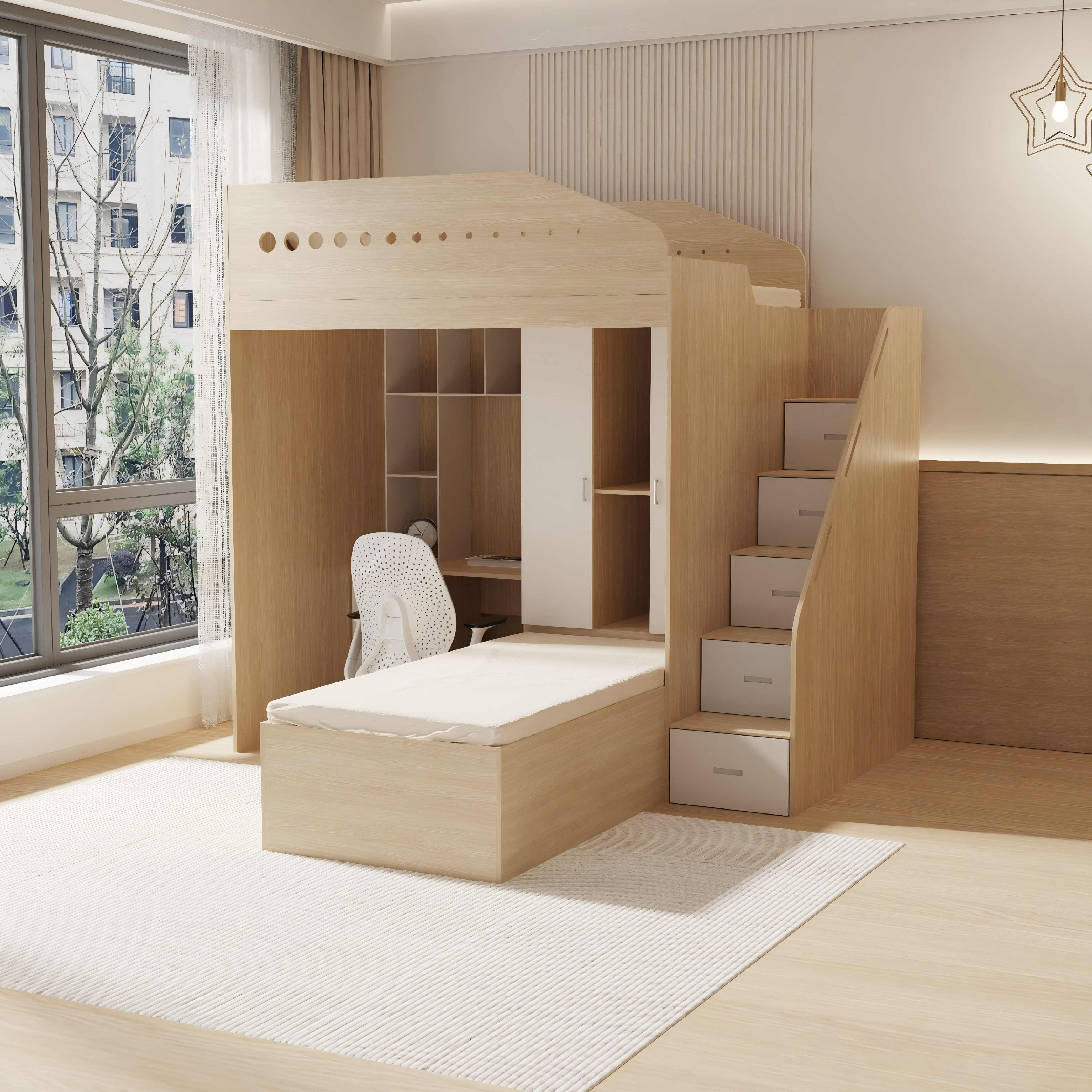 All-in-One Kids Bunk Bed with Desk Wardrobe & Storage Step