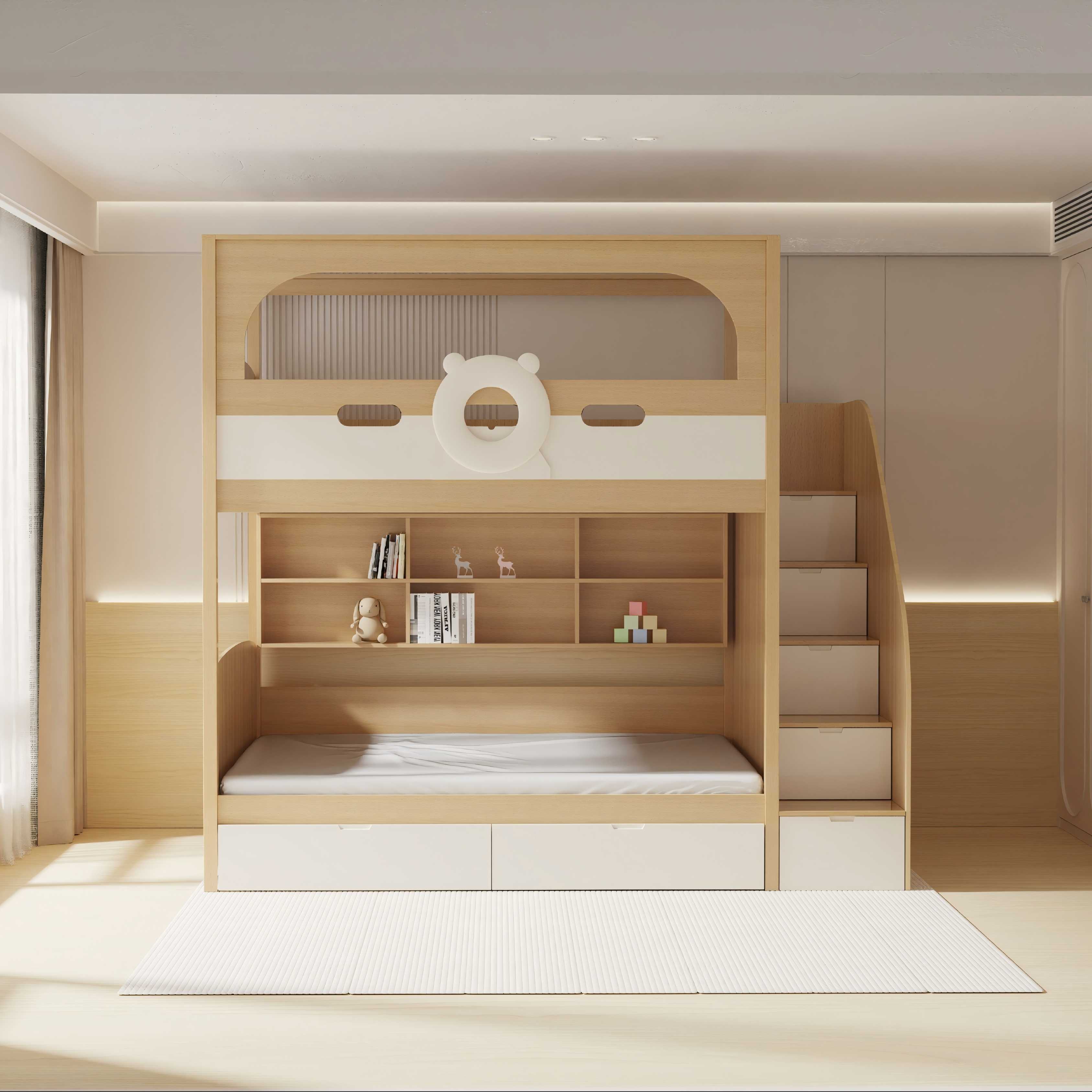 Cute Bear Bunk Bed with Storage Stairs & Desk for Kids