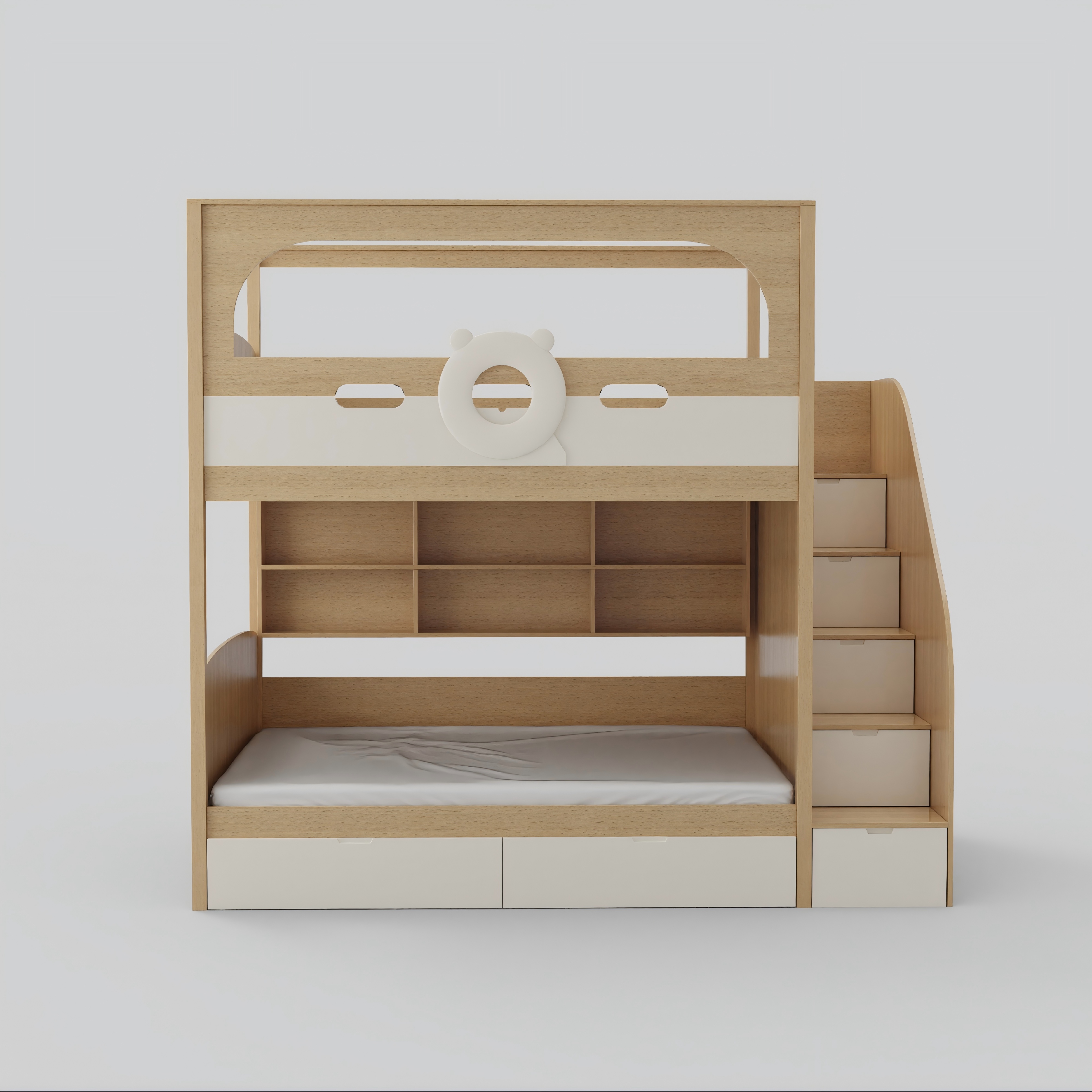 Cute Bear Bunk Bed with Storage Stairs & Desk for Kids