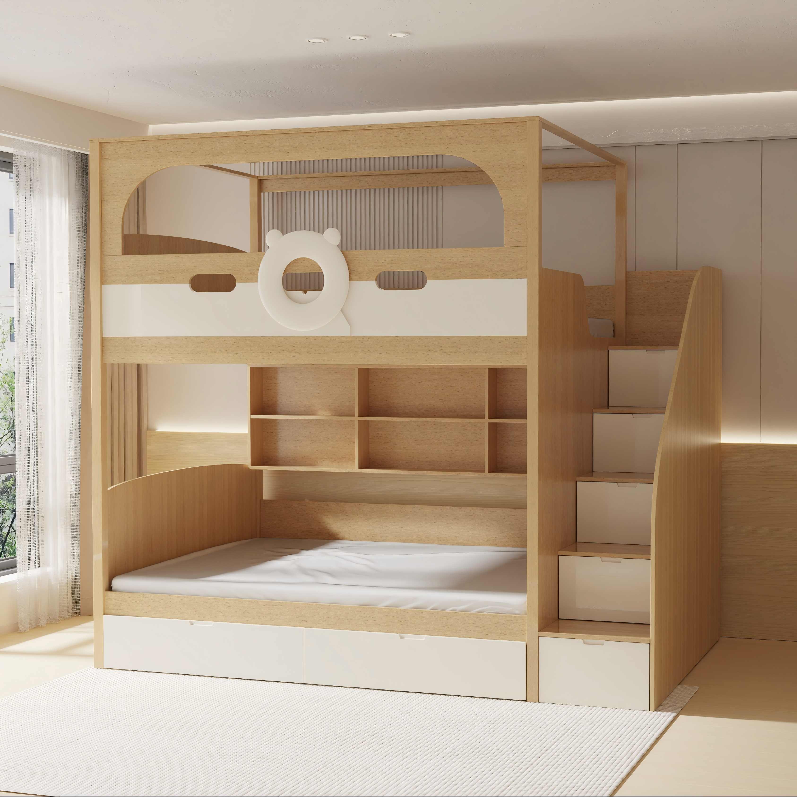 Cute Bear Bunk Bed with Storage Stairs & Desk for Kids