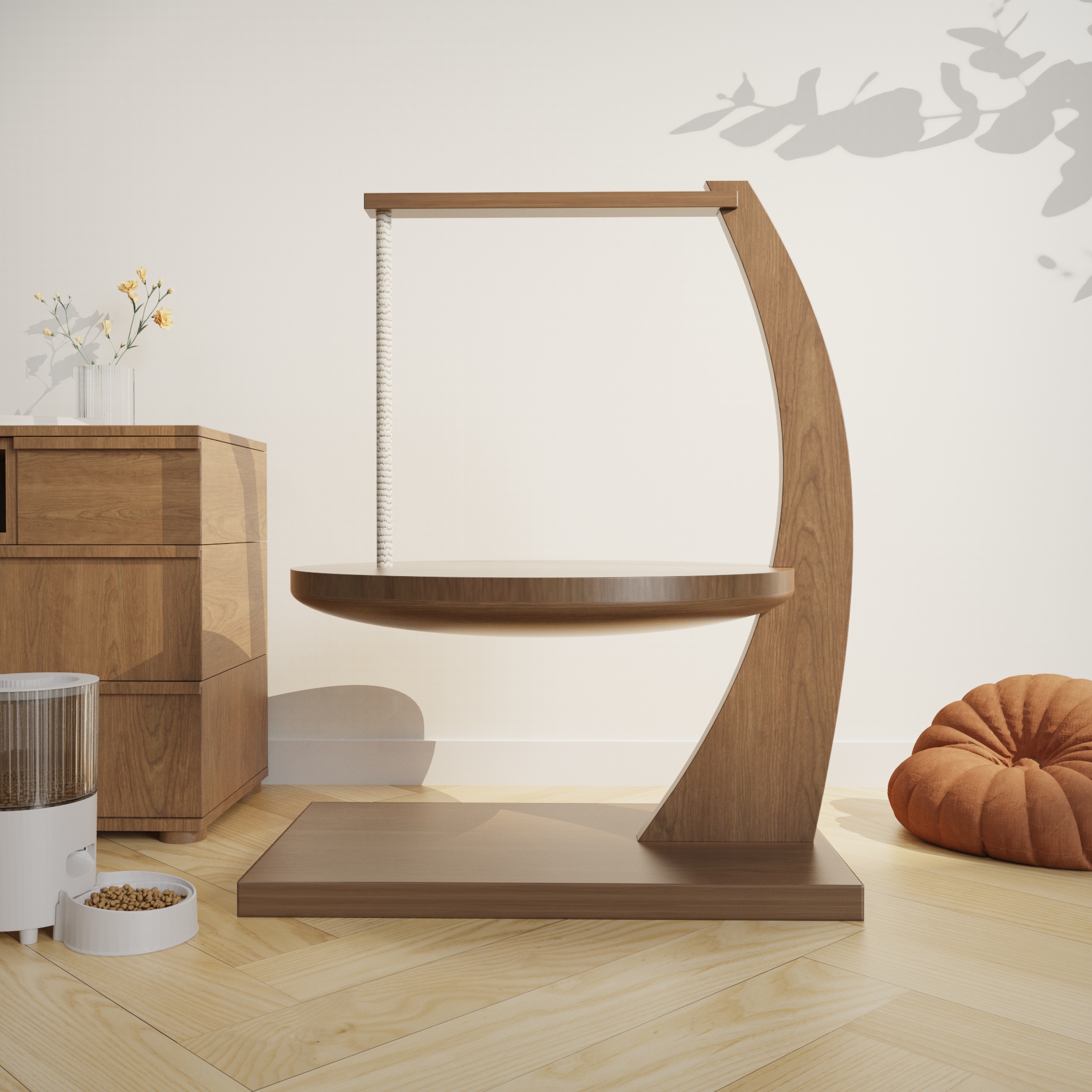 Wooden Cat Tree with Scratching Post | Elevated Cat Perch Bed