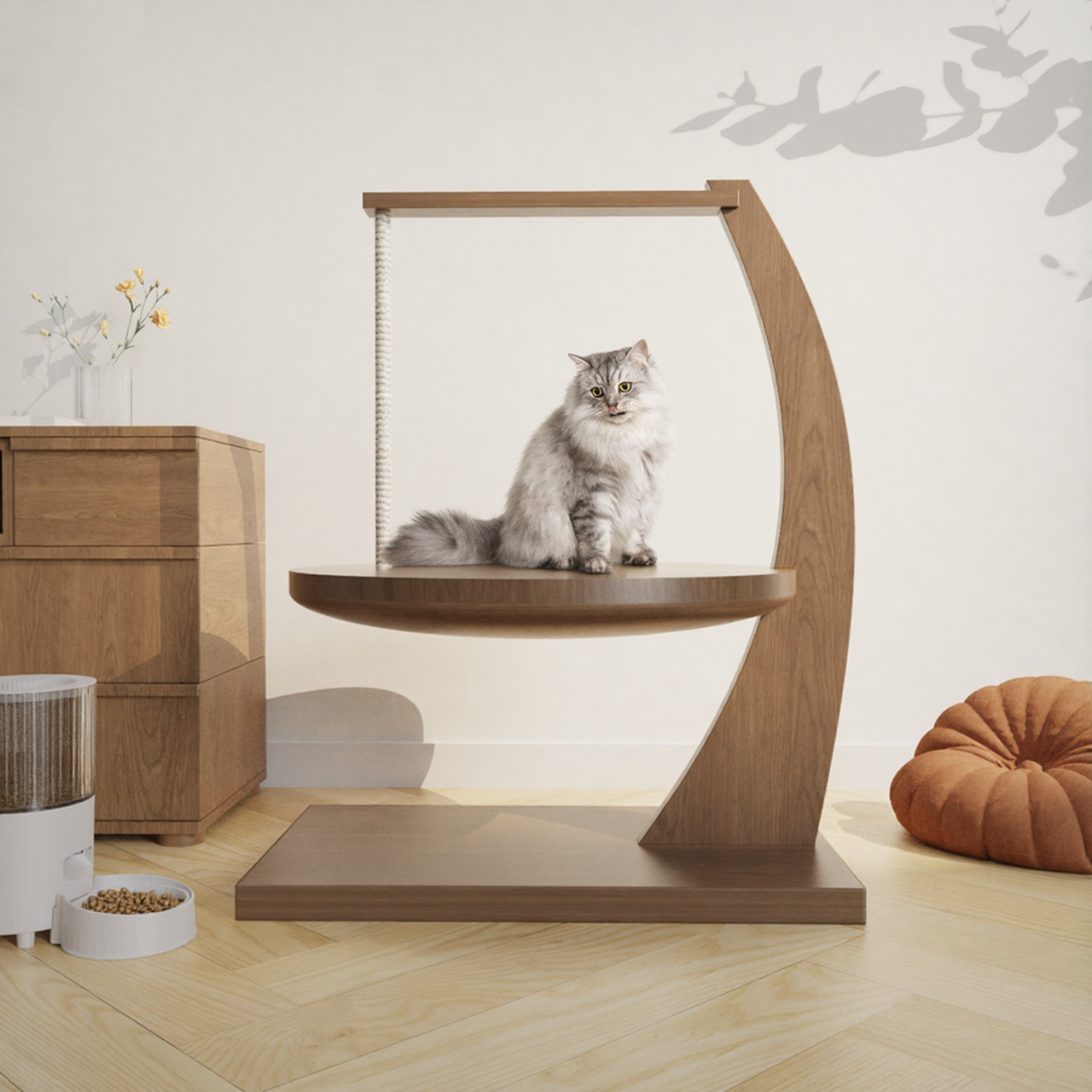 Wooden Cat Tree with Scratching Post | Elevated Cat Perch Bed