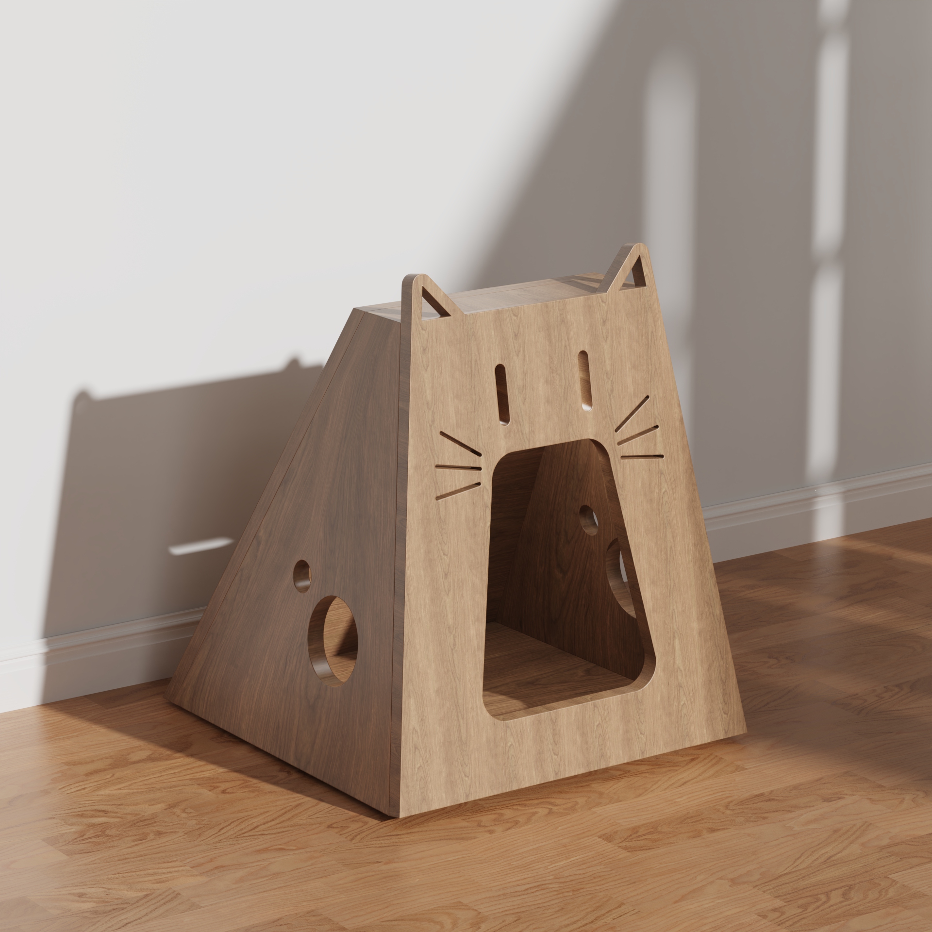 Wooden Cat House with Play Holes | Cute Cat-Shaped Cat Bed