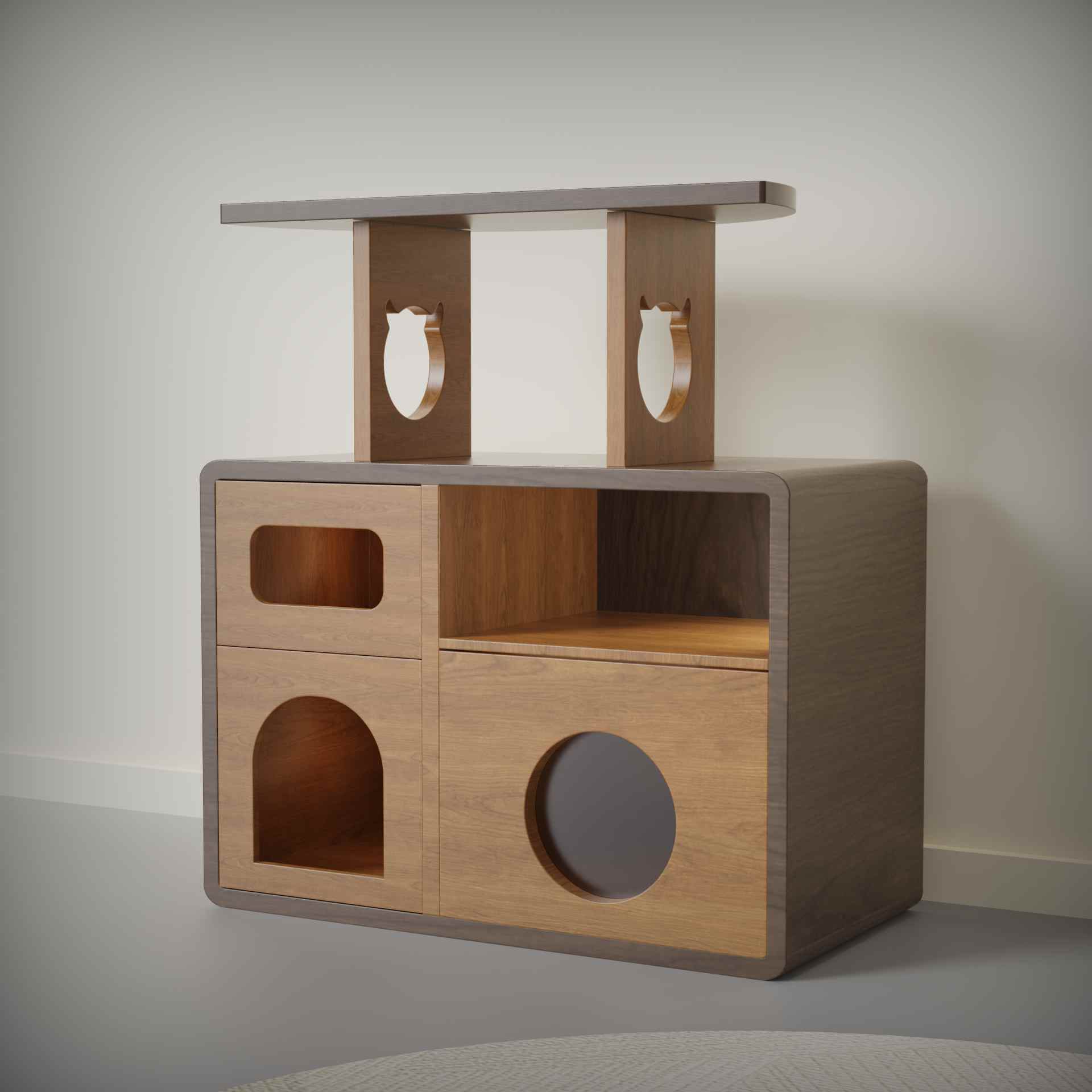 Wooden Cat House Cabinet | Multi-Level Cat Condo with Shelf