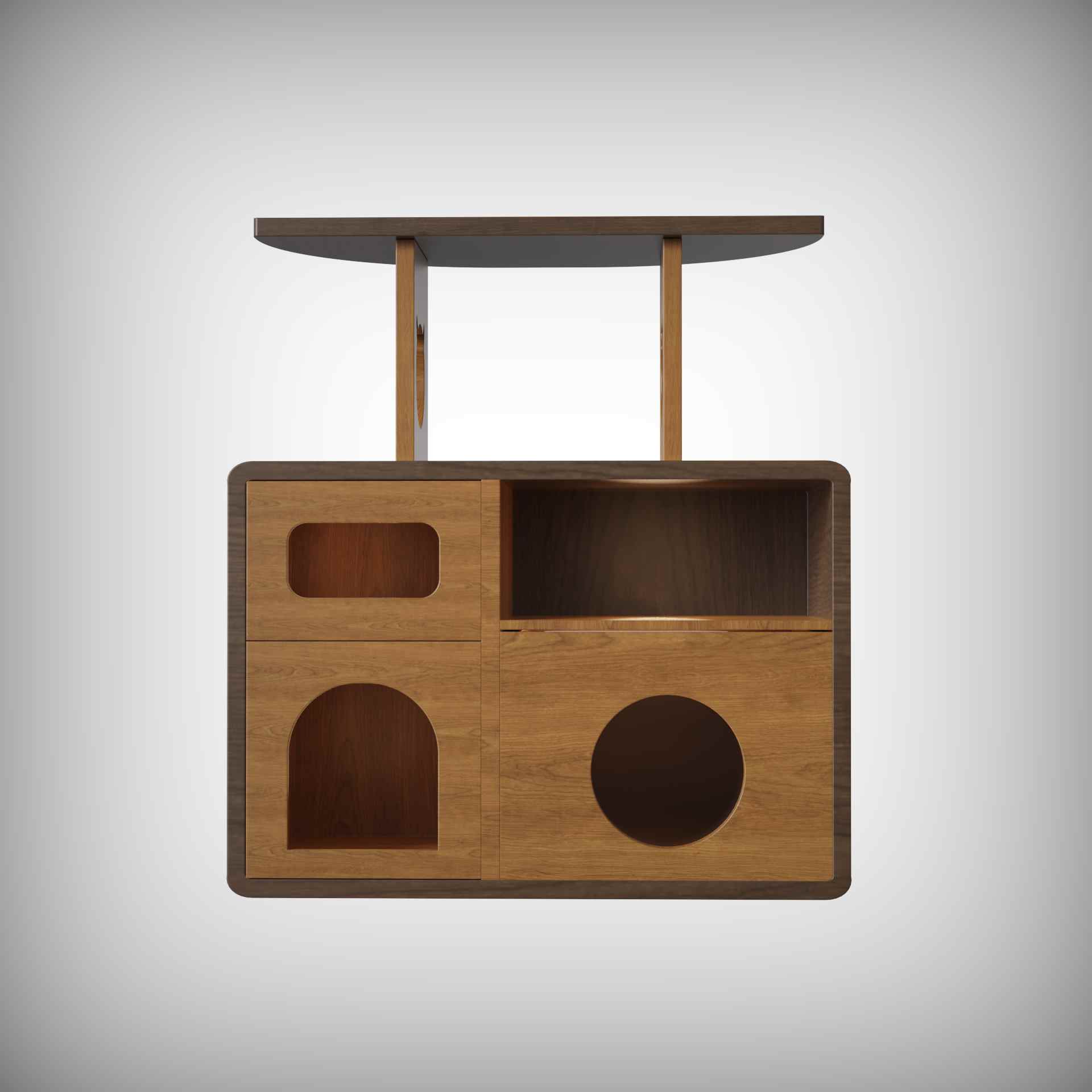 Wooden Cat House Cabinet | Multi-Level Cat Condo with Shelf
