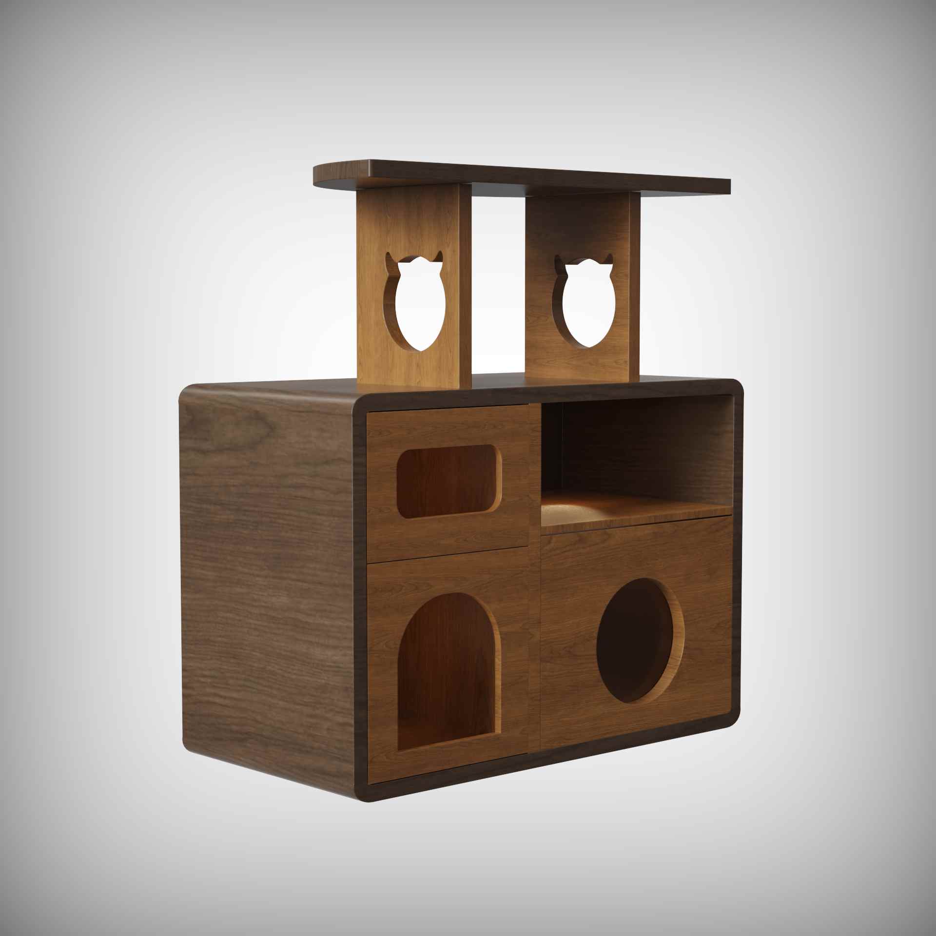Wooden Cat House Cabinet | Multi-Level Cat Condo with Shelf