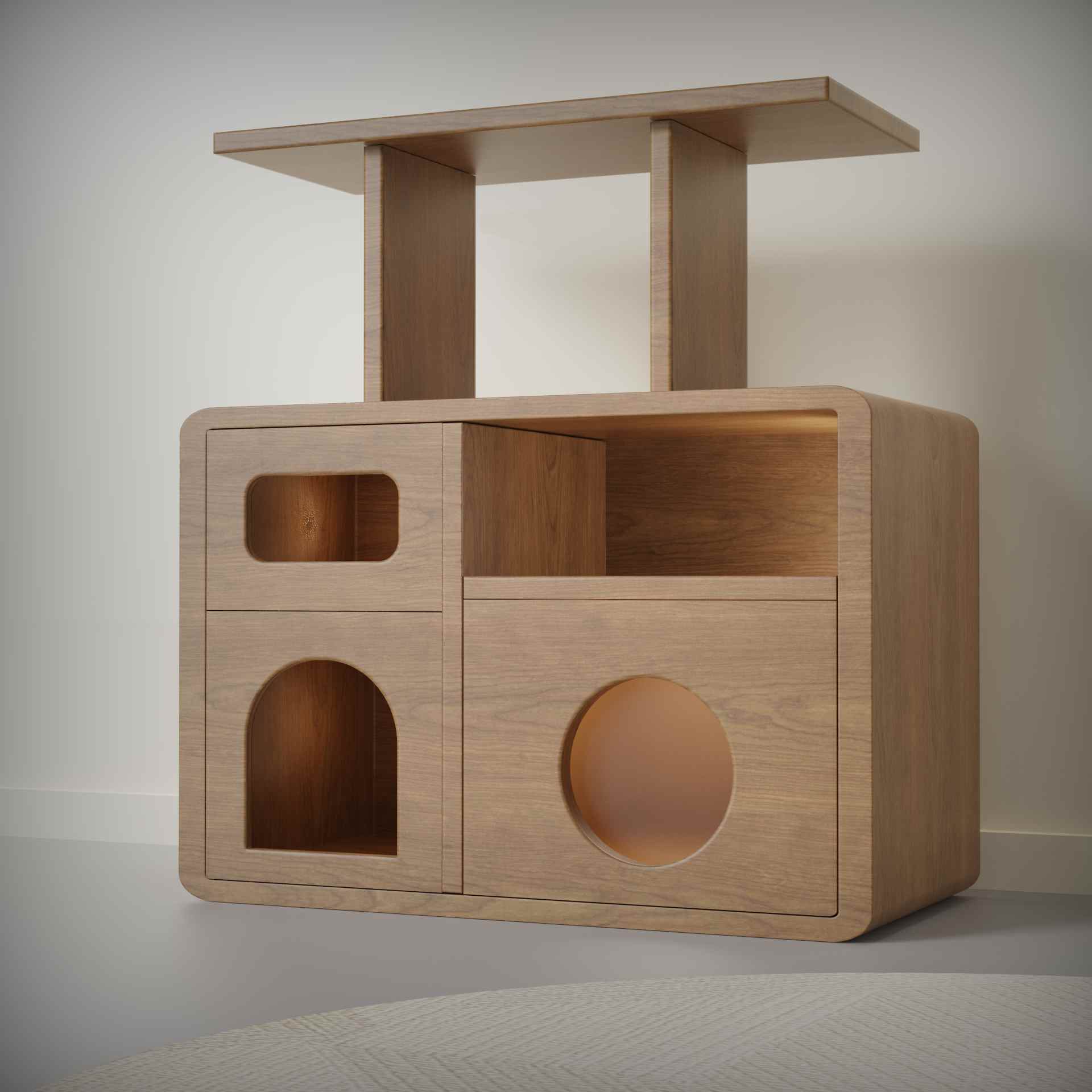 Wooden Cat House Cabinet | Multi-Level Cat Condo with Shelf