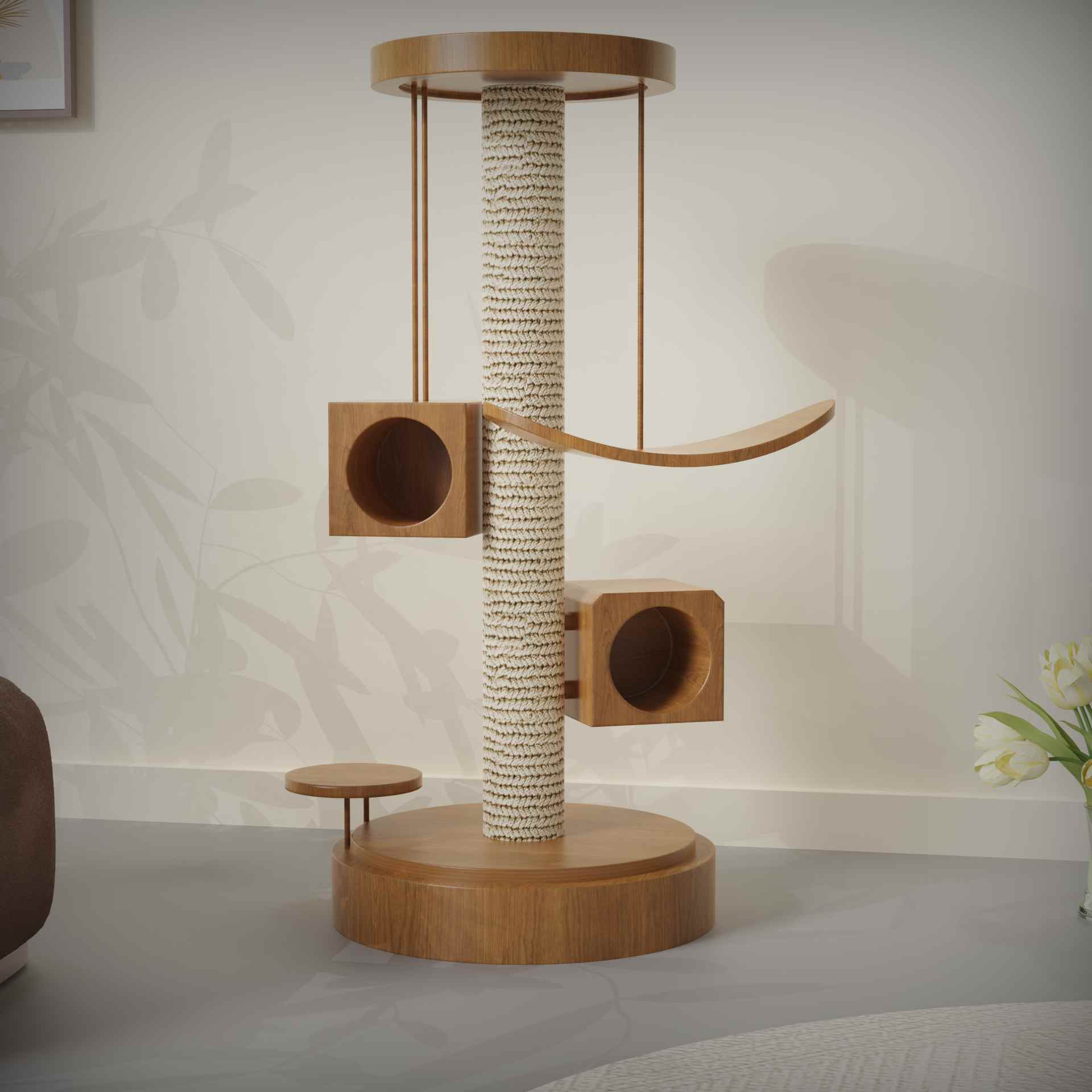 Modern Wooden Cat Tree with Sisal Post | Multi-Level Cat Cond