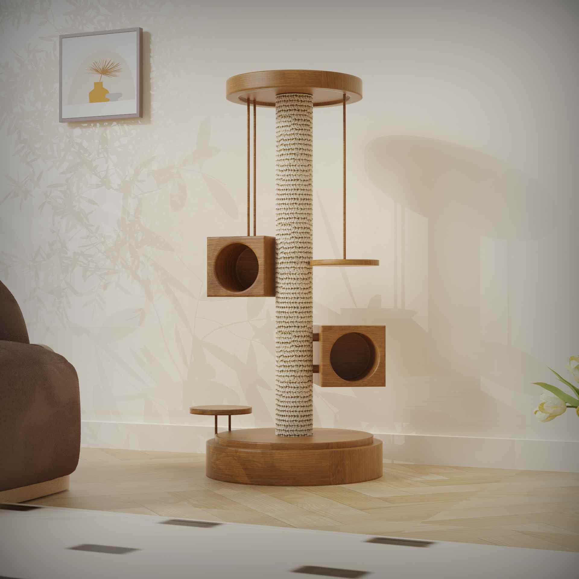 Modern Wooden Cat Tree with Sisal Post | Multi-Level Cat Cond