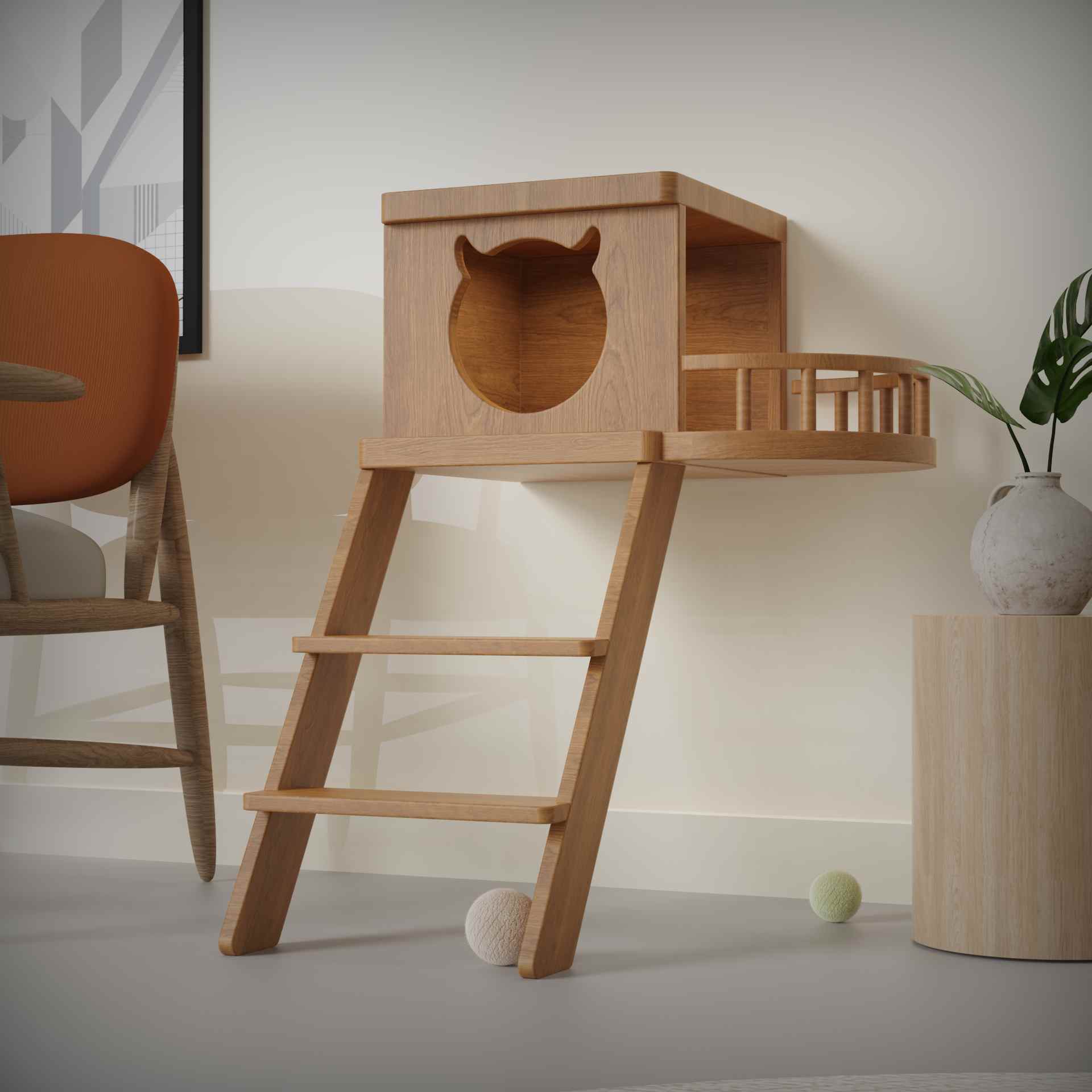 Wooden Cat House with Ladder | Wall-Mounted Cat Condo with Balcony
