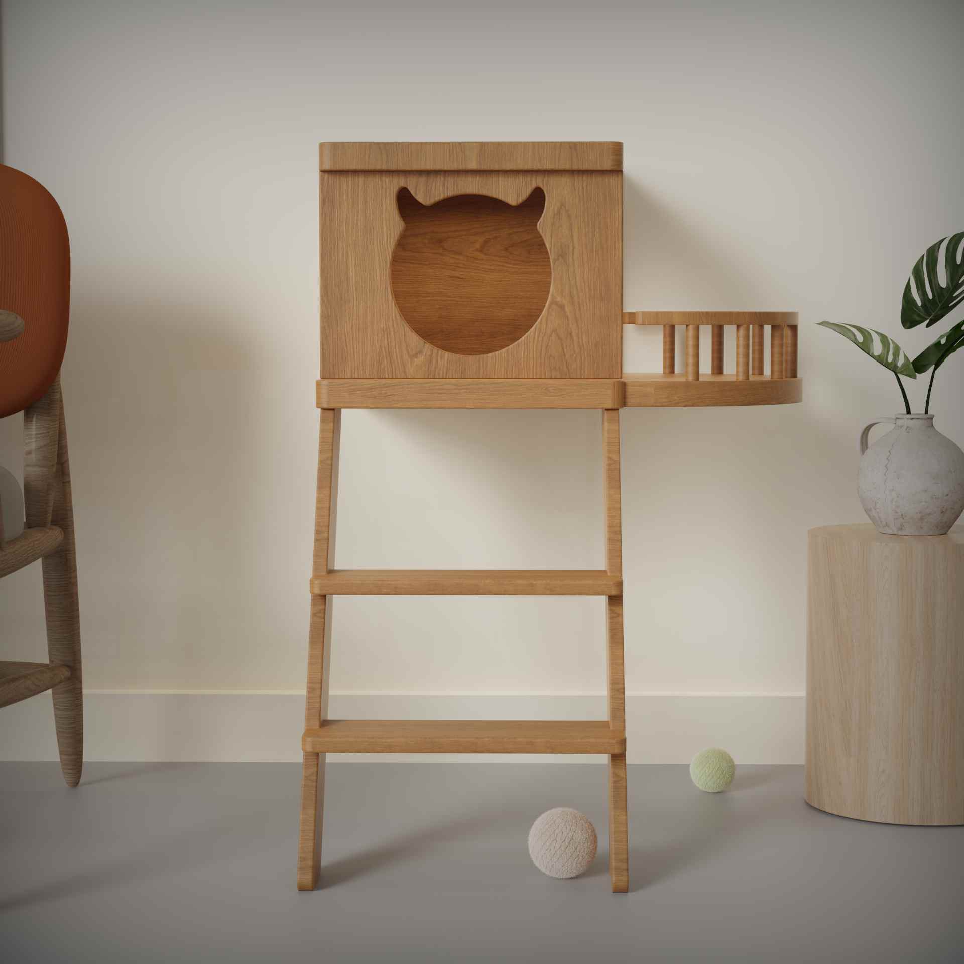 Wooden Cat House with Ladder | Wall-Mounted Cat Condo with Balcony