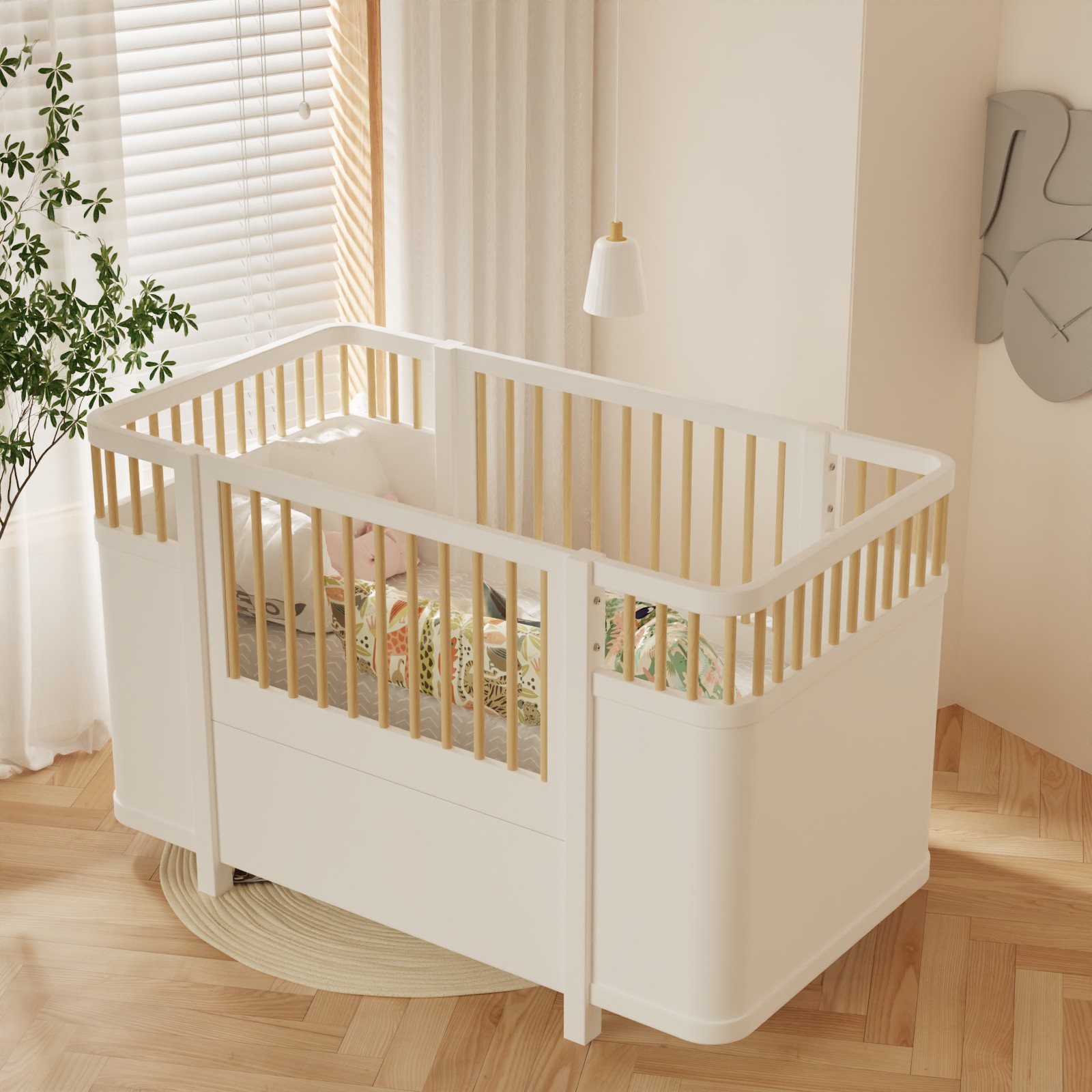 Modern Convertible Baby Crib | Safe Wooden Nursery Crib with Slats