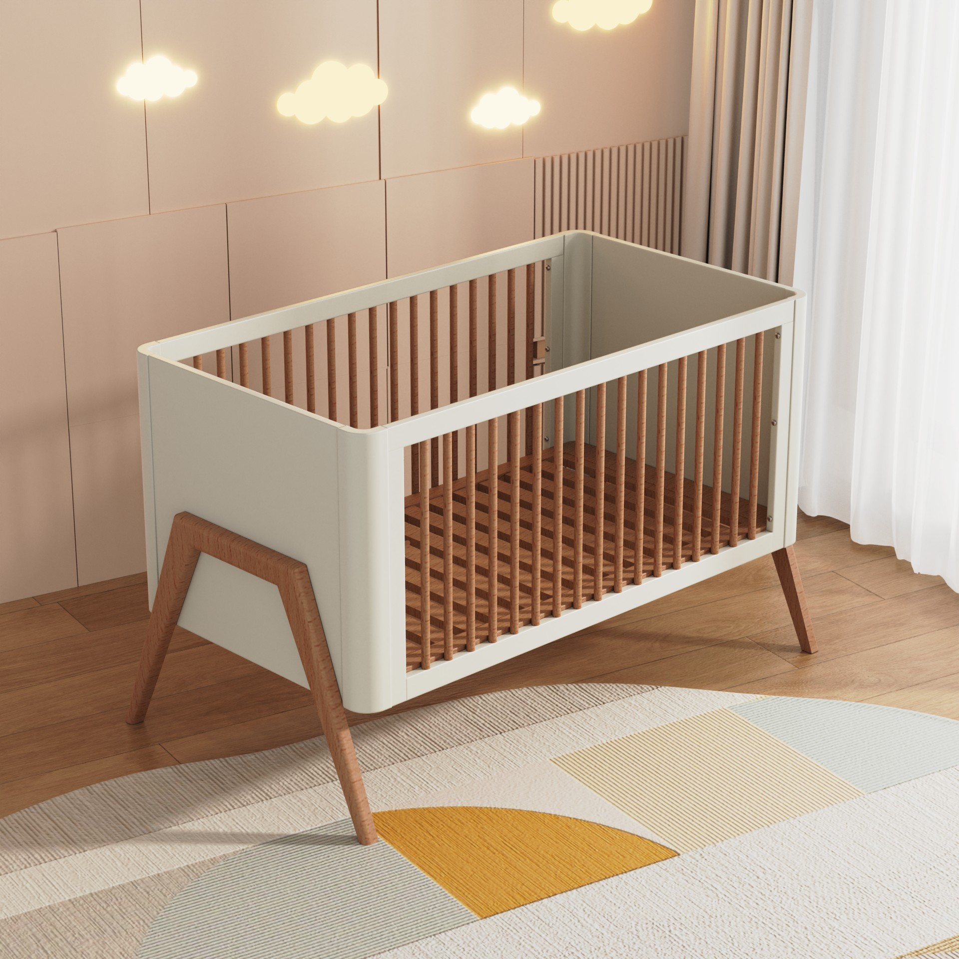 Modern Wood & White Baby Crib | Stylish Nursery Bed with Solid Wood Legs