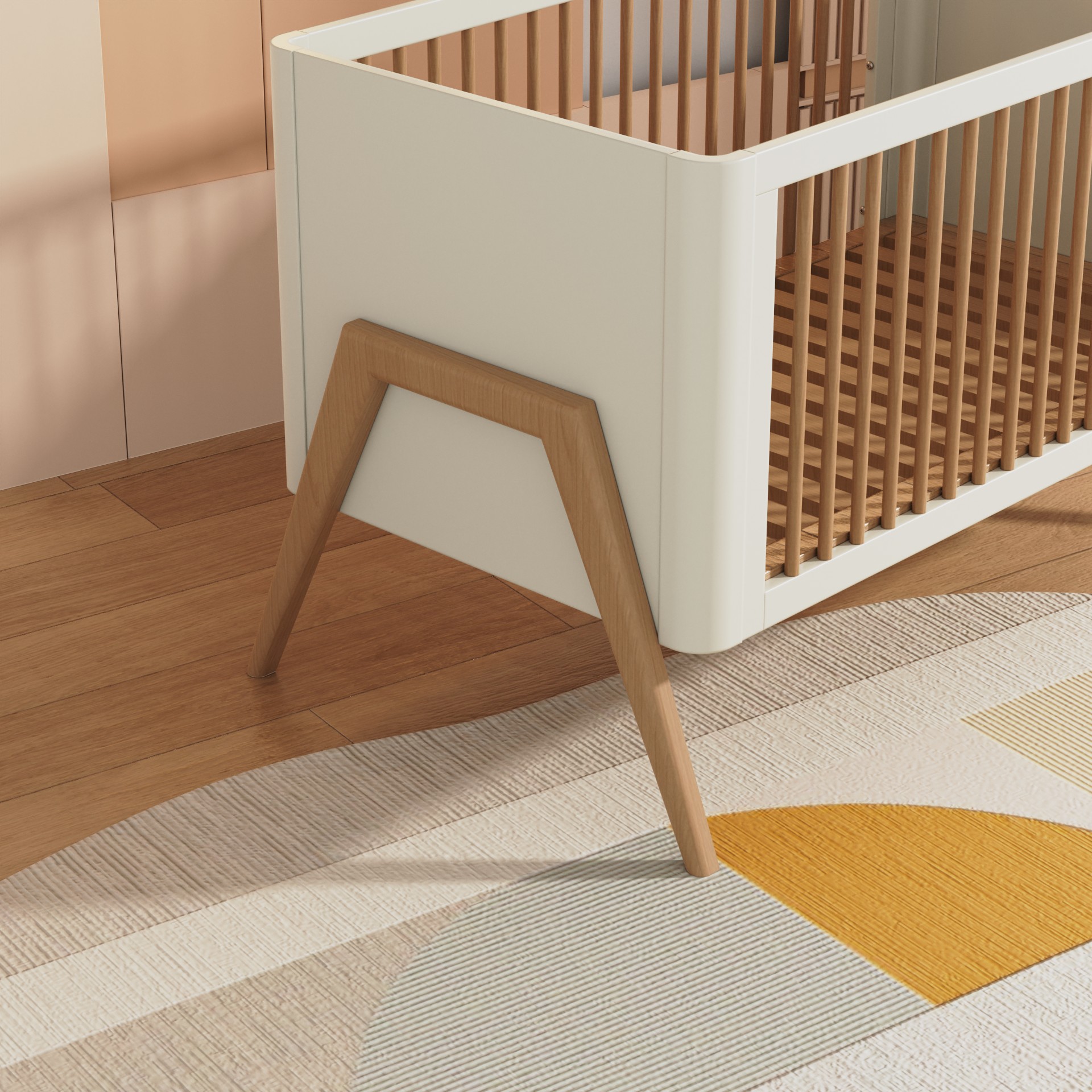 Modern Wood & White Baby Crib | Stylish Nursery Bed with Solid Wood Legs