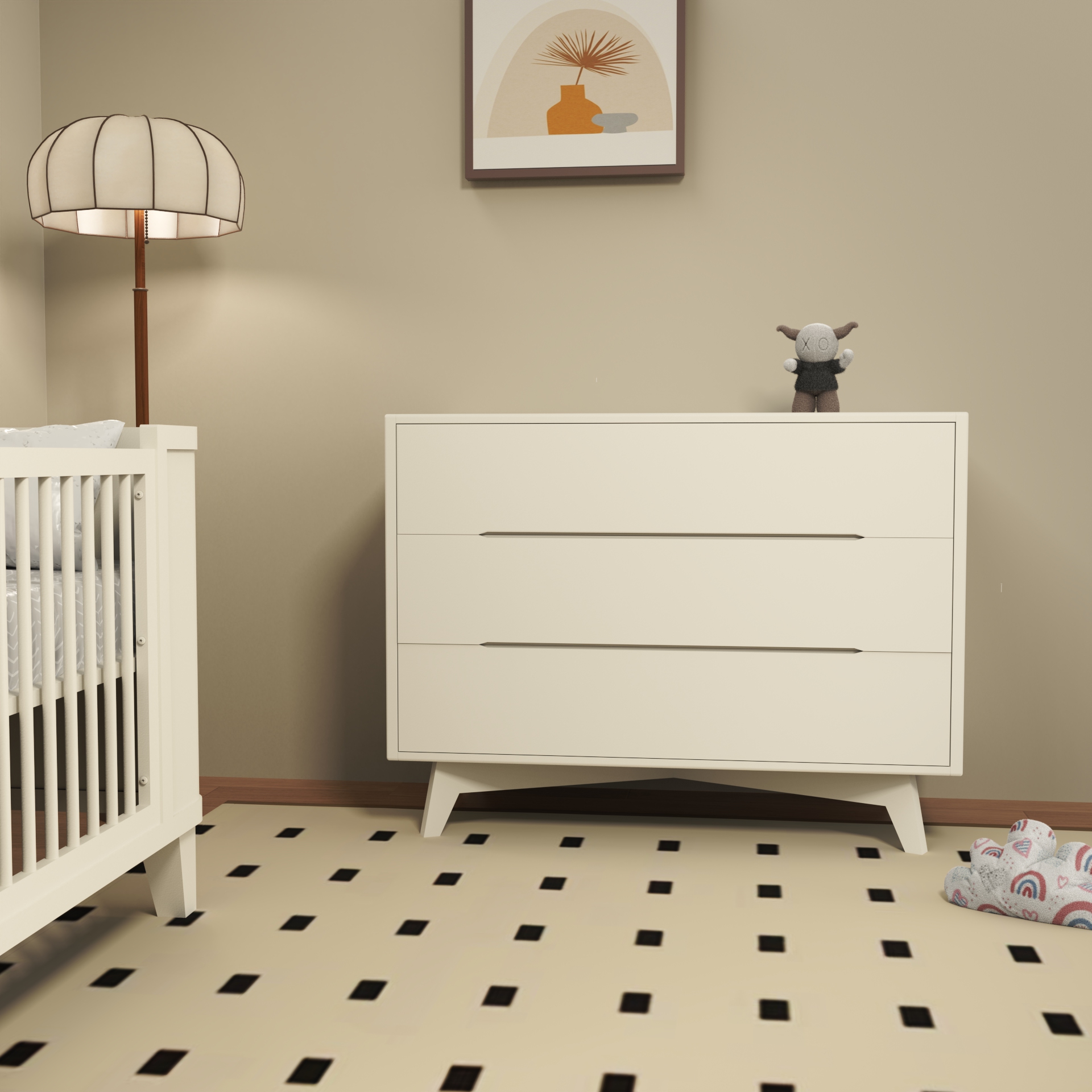 Modern 3-Drawer Nursery Dresser | White Kids Storage Chest with Angled Legs