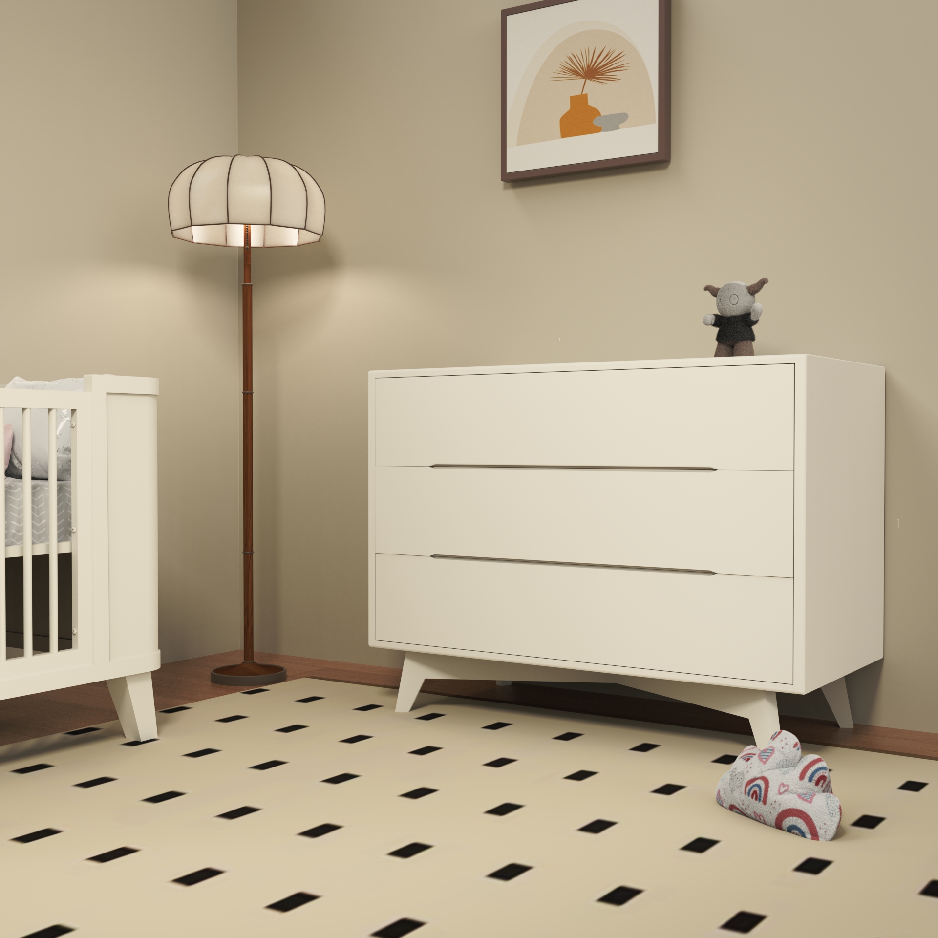 Modern 3-Drawer Nursery Dresser | White Kids Storage Chest with Angled Legs