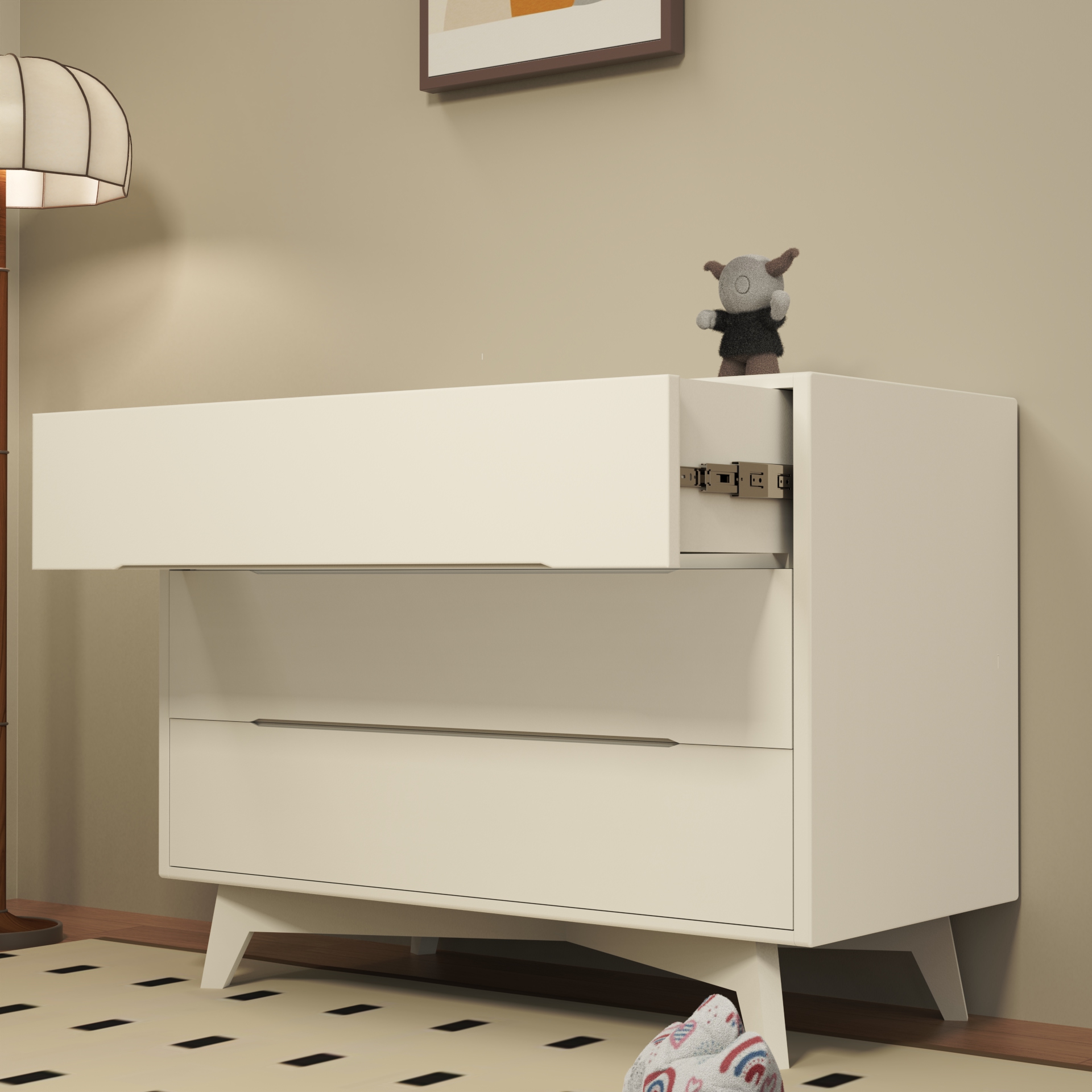Modern 3-Drawer Nursery Dresser | White Kids Storage Chest with Angled Legs