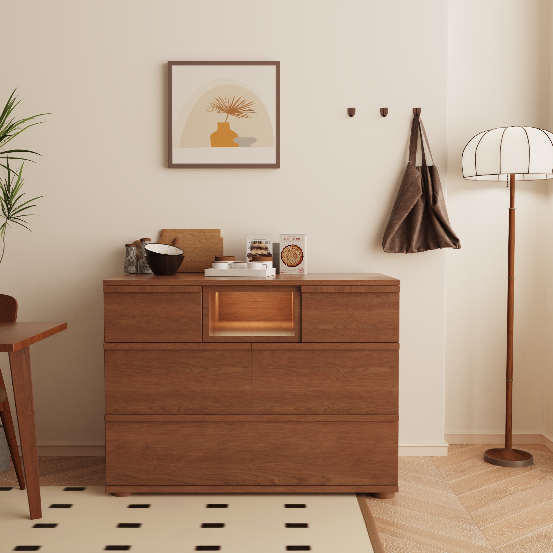 Modern Walnut Nursery Dresser | 5-Drawer Kids Storage Chest with LED Light