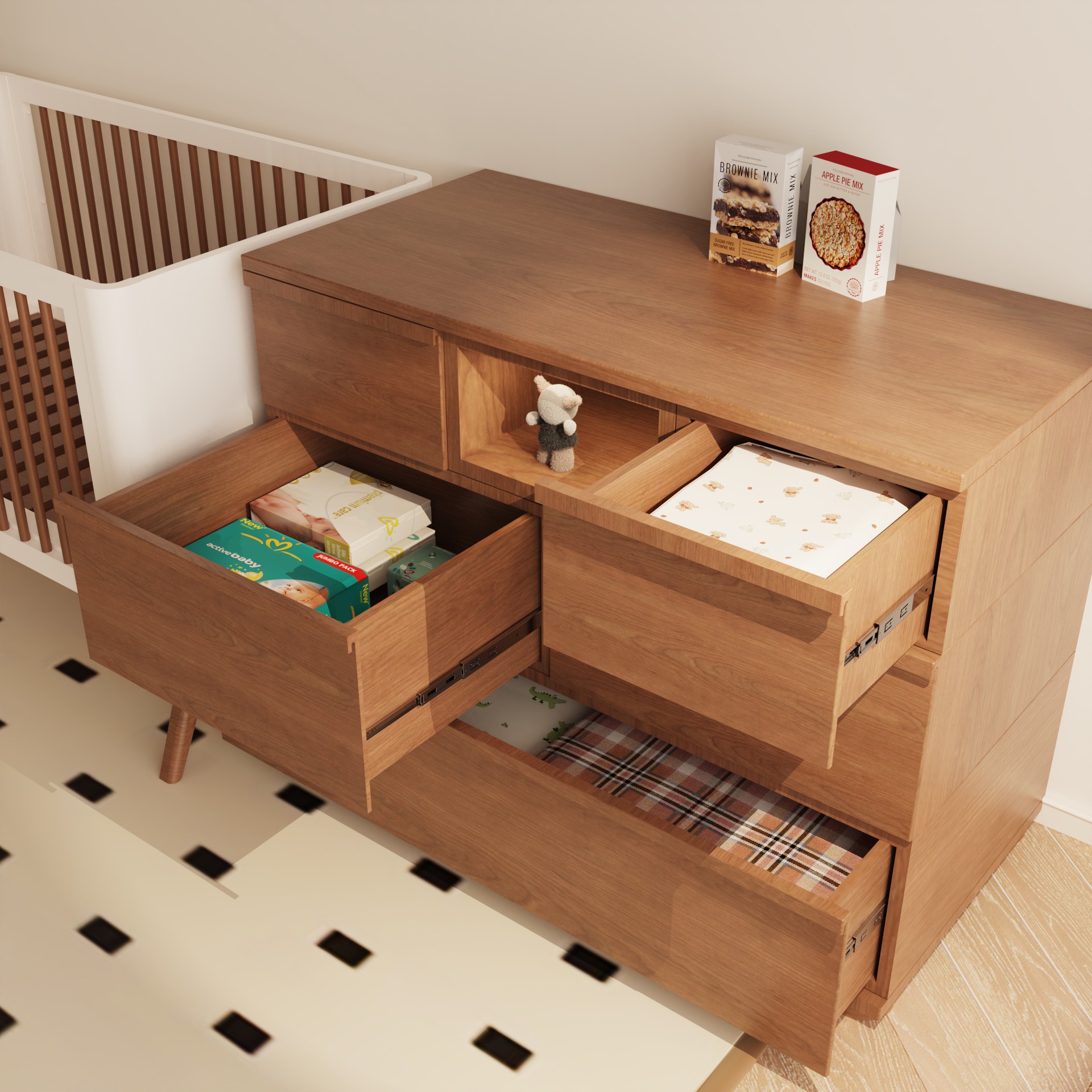 Modern Walnut Nursery Dresser | 5-Drawer Kids Storage Chest with LED Light