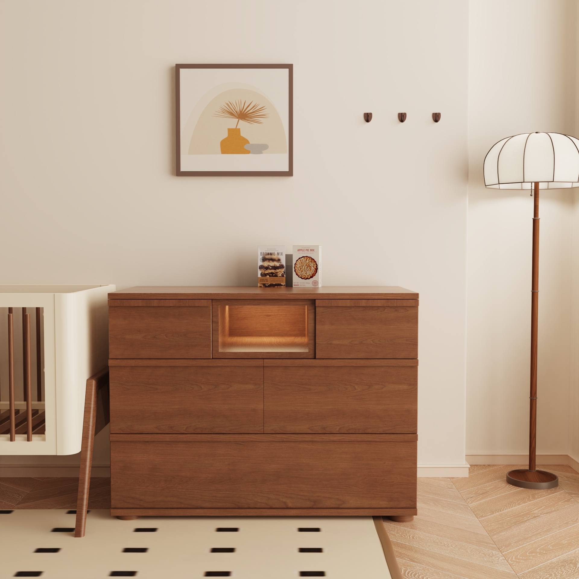 Modern Walnut Nursery Dresser | 5-Drawer Kids Storage Chest with LED Light