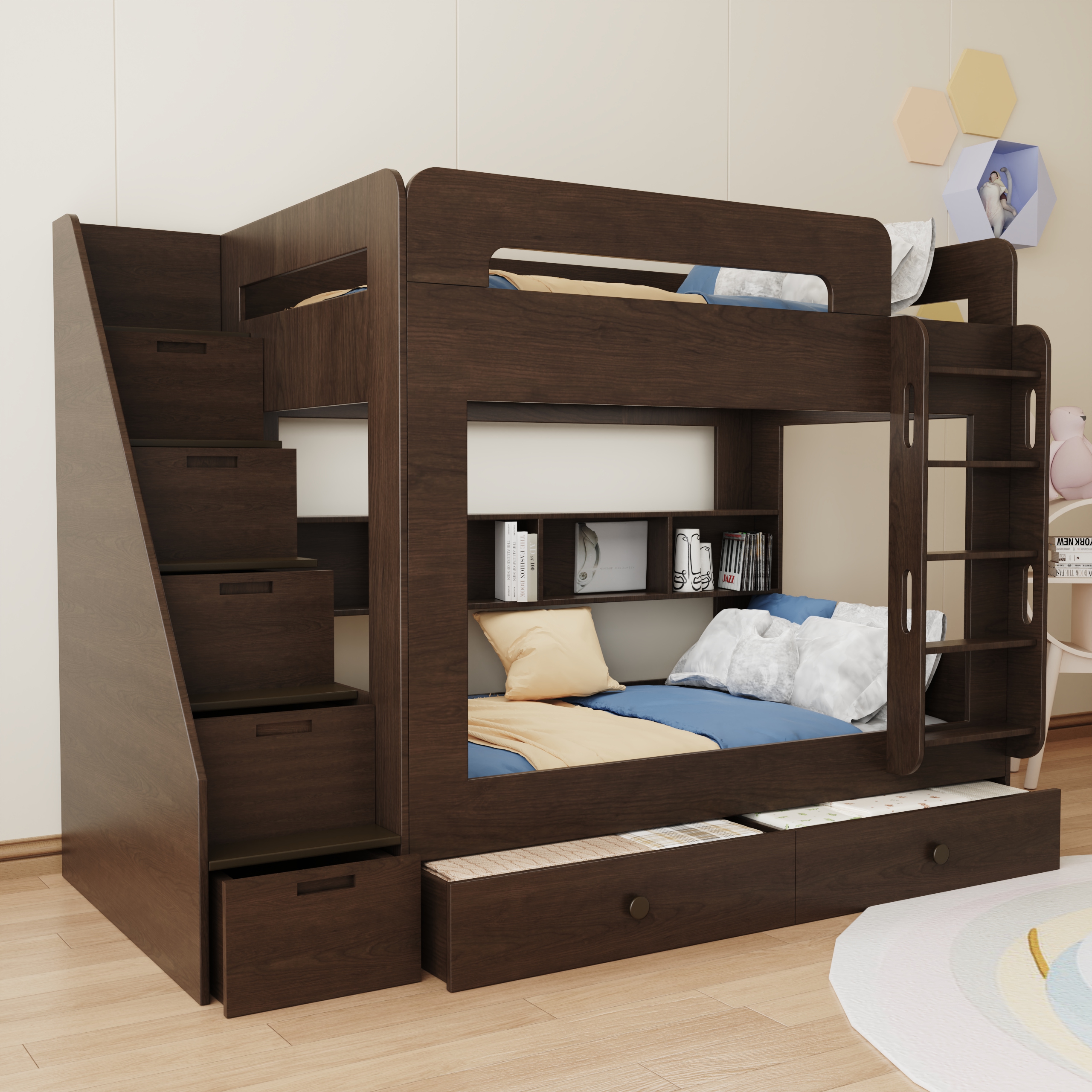 Modern Wooden Bunk Bed with Storage | Kids Twin-Over-Twin Bed with Stairs & Drawers